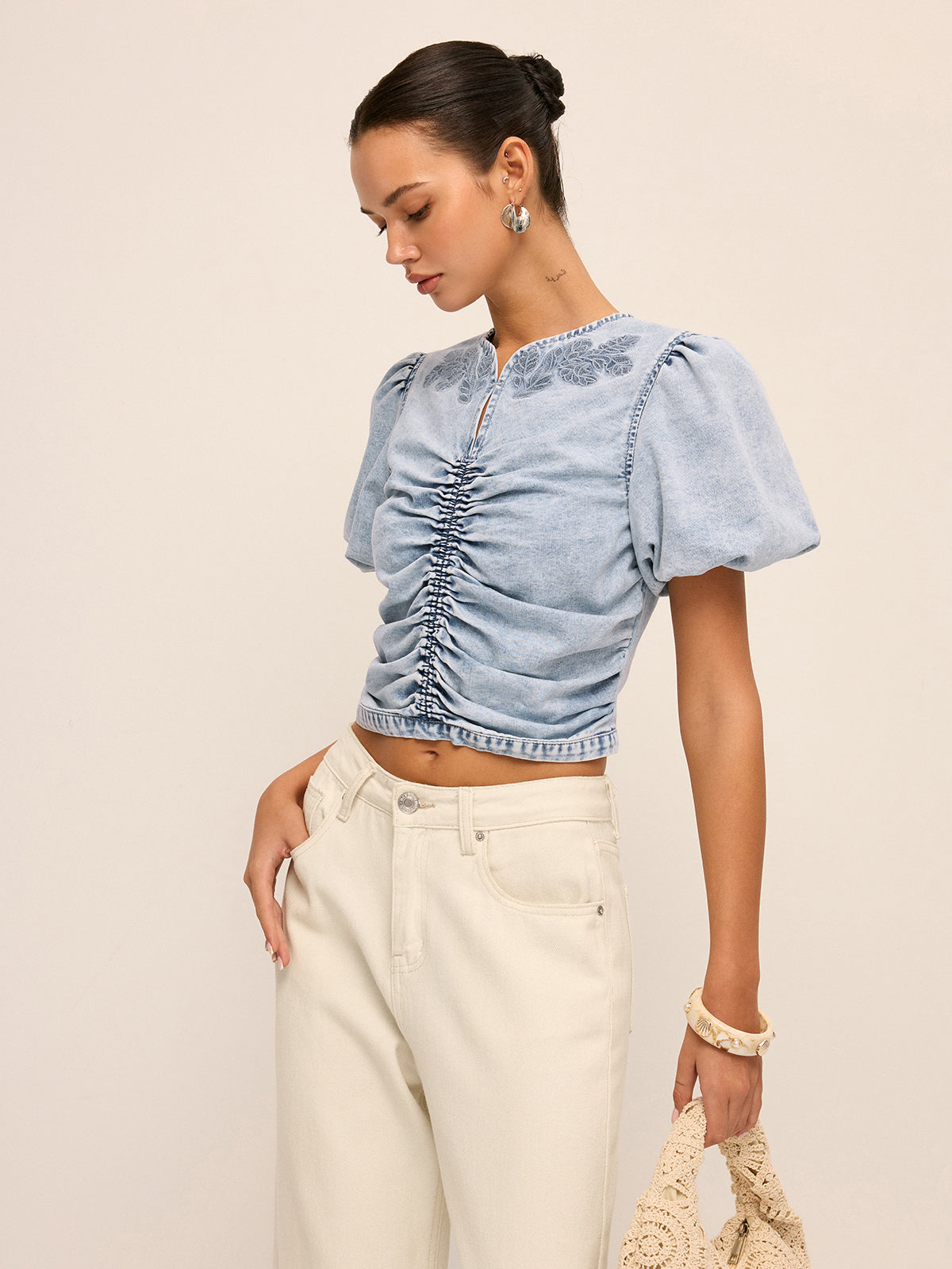 Ruched Puff Sleeve Embroidered Denim Top Trendy Casual Women's Blouse