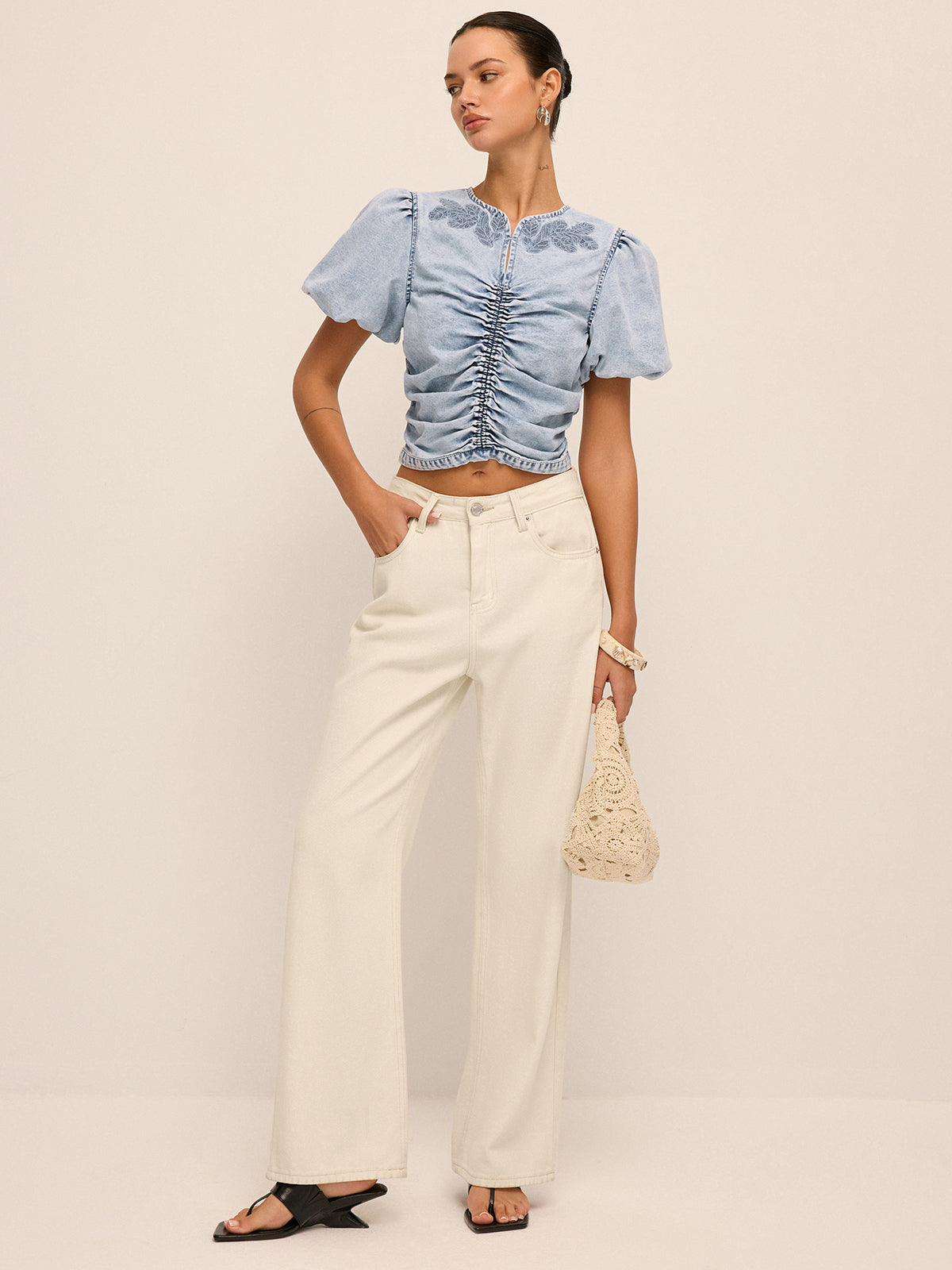 Ruched Puff Sleeve Embroidered Denim Top Trendy Casual Women's Blouse