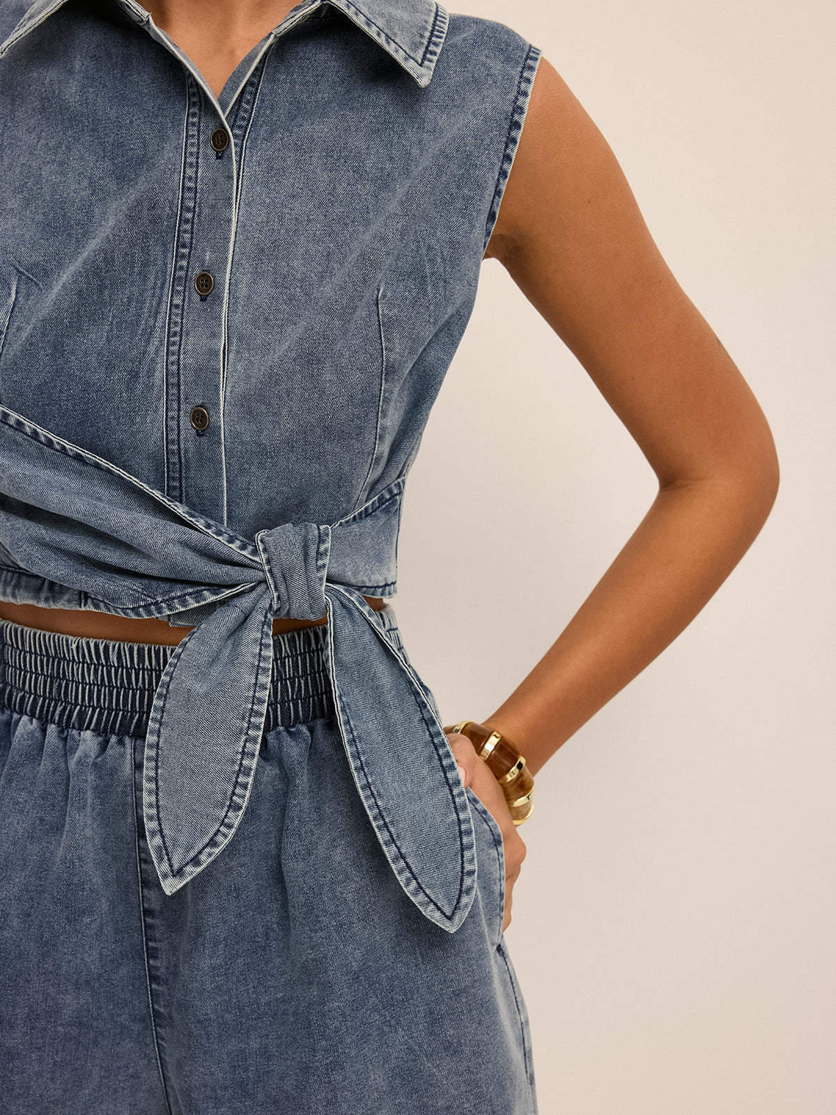 Denim Tie-Waist Sleeveless Shirt & Shorts Set for Women Summer Casual
