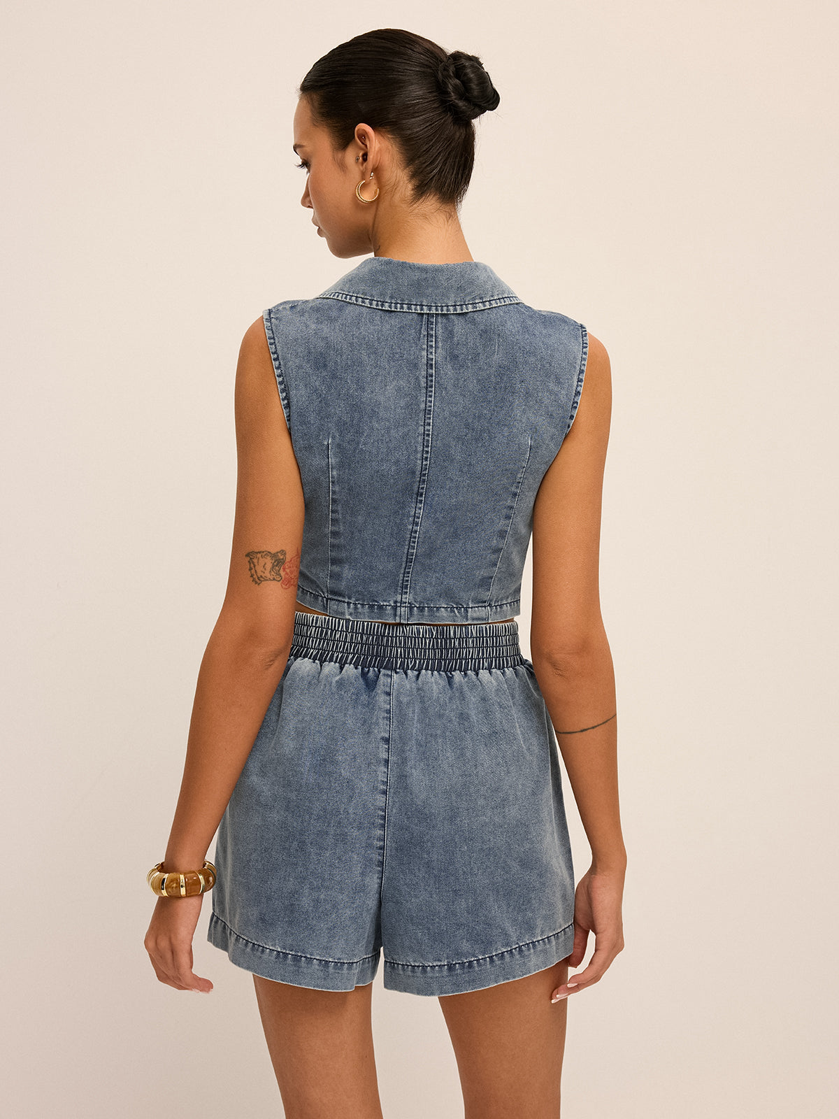 Denim Tie-Waist Sleeveless Shirt & Shorts Set for Women Summer Casual
