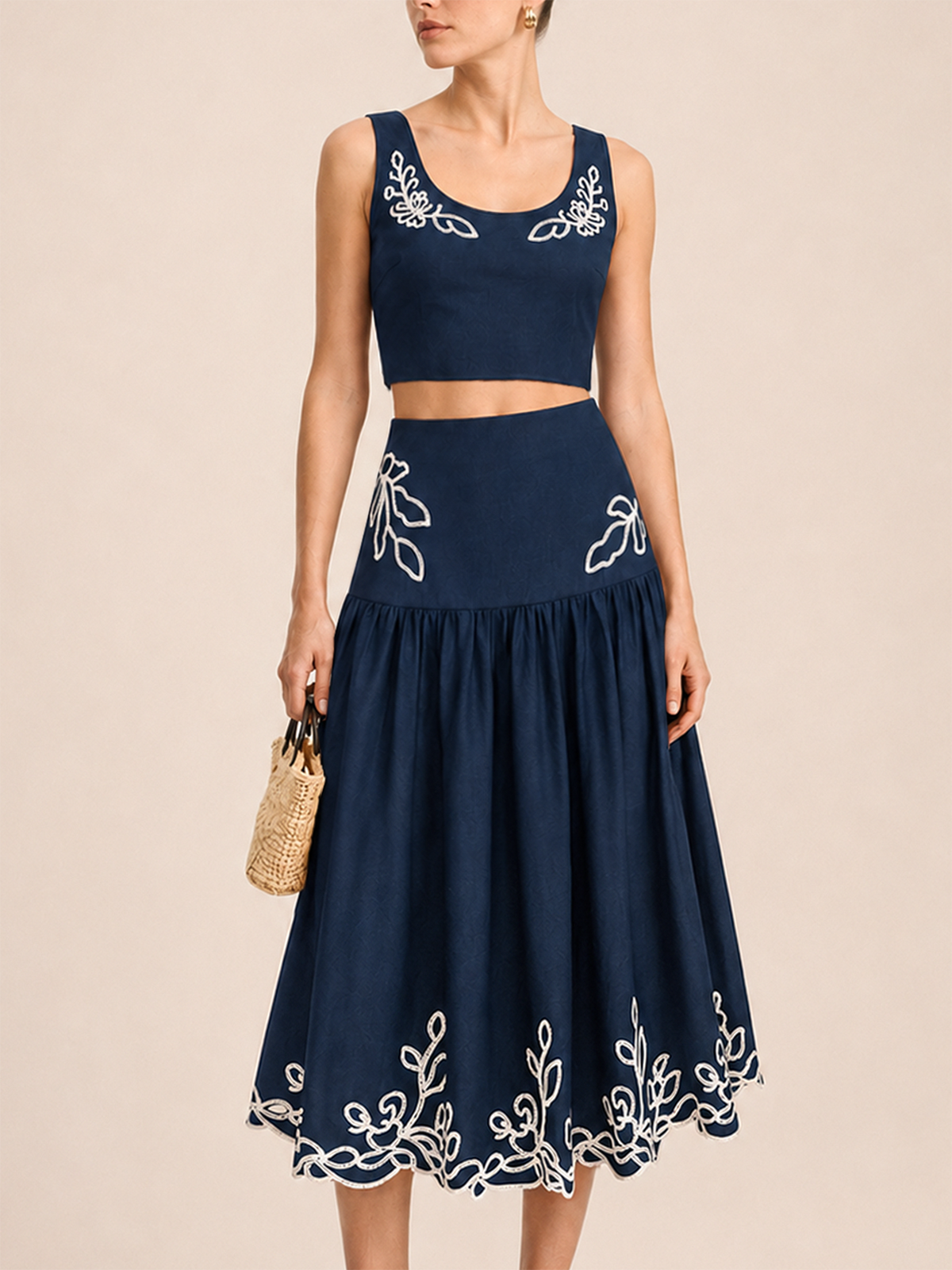 Embroidered Cotton Linen Top & Midi Skirt Set for Women's Summer Wear
