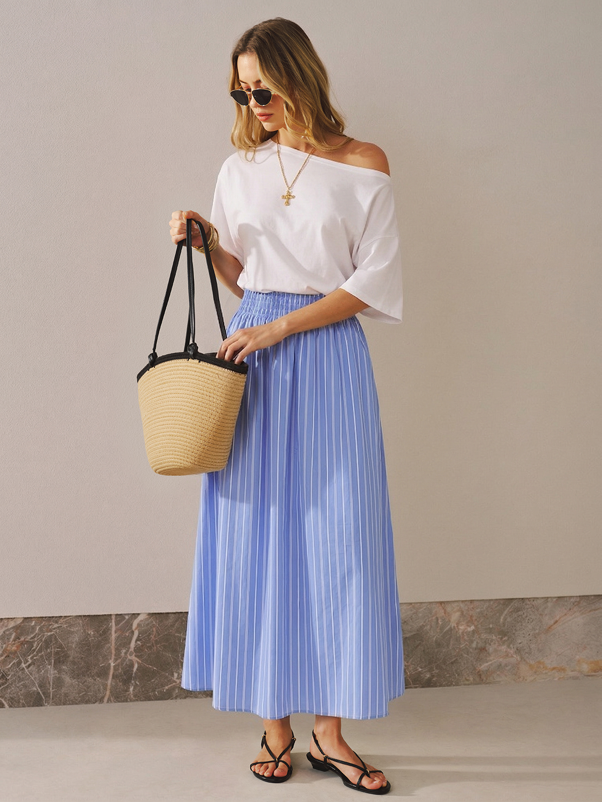 Color Block Off-Shoulder Striped Midi Dress Womens Casual Summer Style