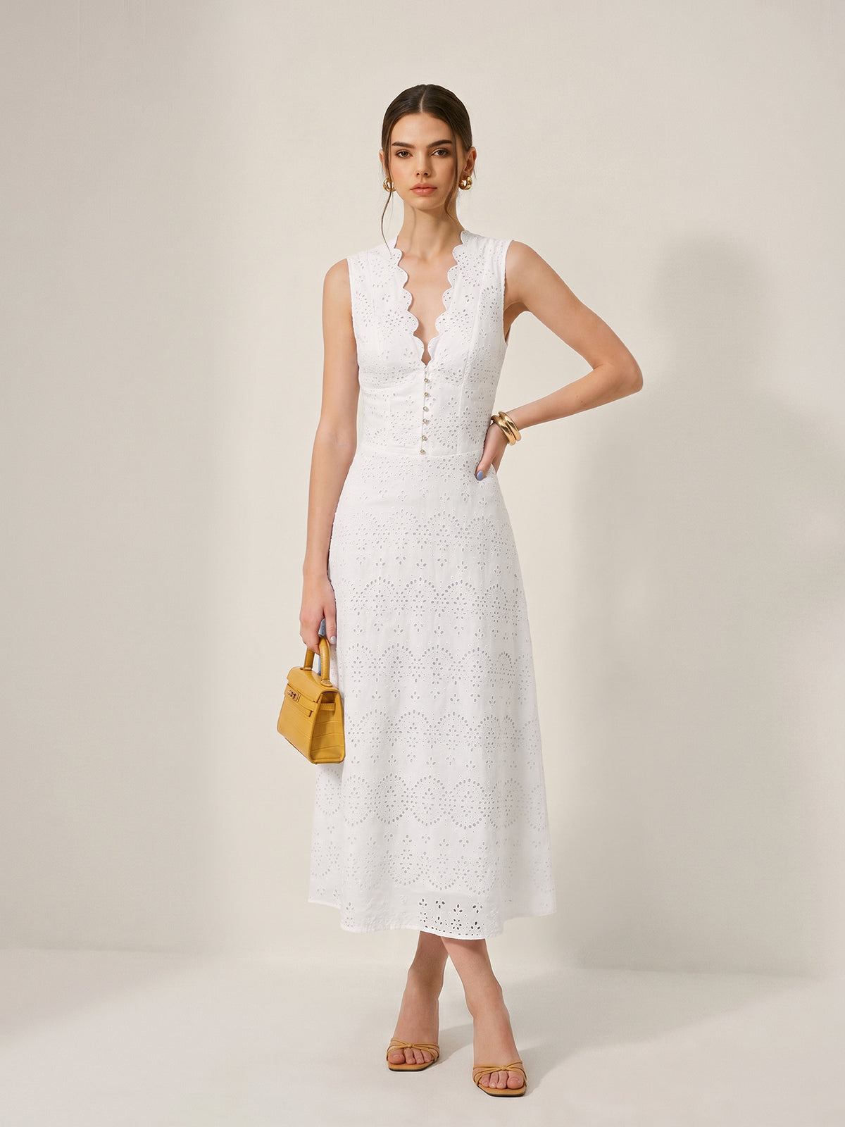 Cotton Sleeveless Embroidered Eyelet Dress with Deep V Neck for Summer Weddings