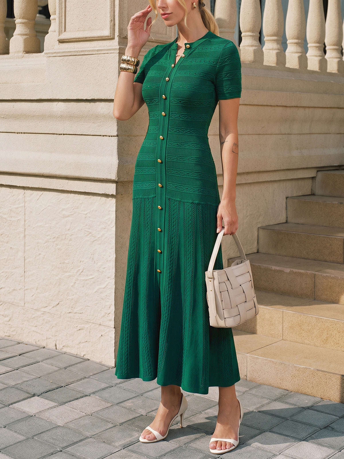 Short Sleeve Textured Knit Midi Dress for Women with Belt