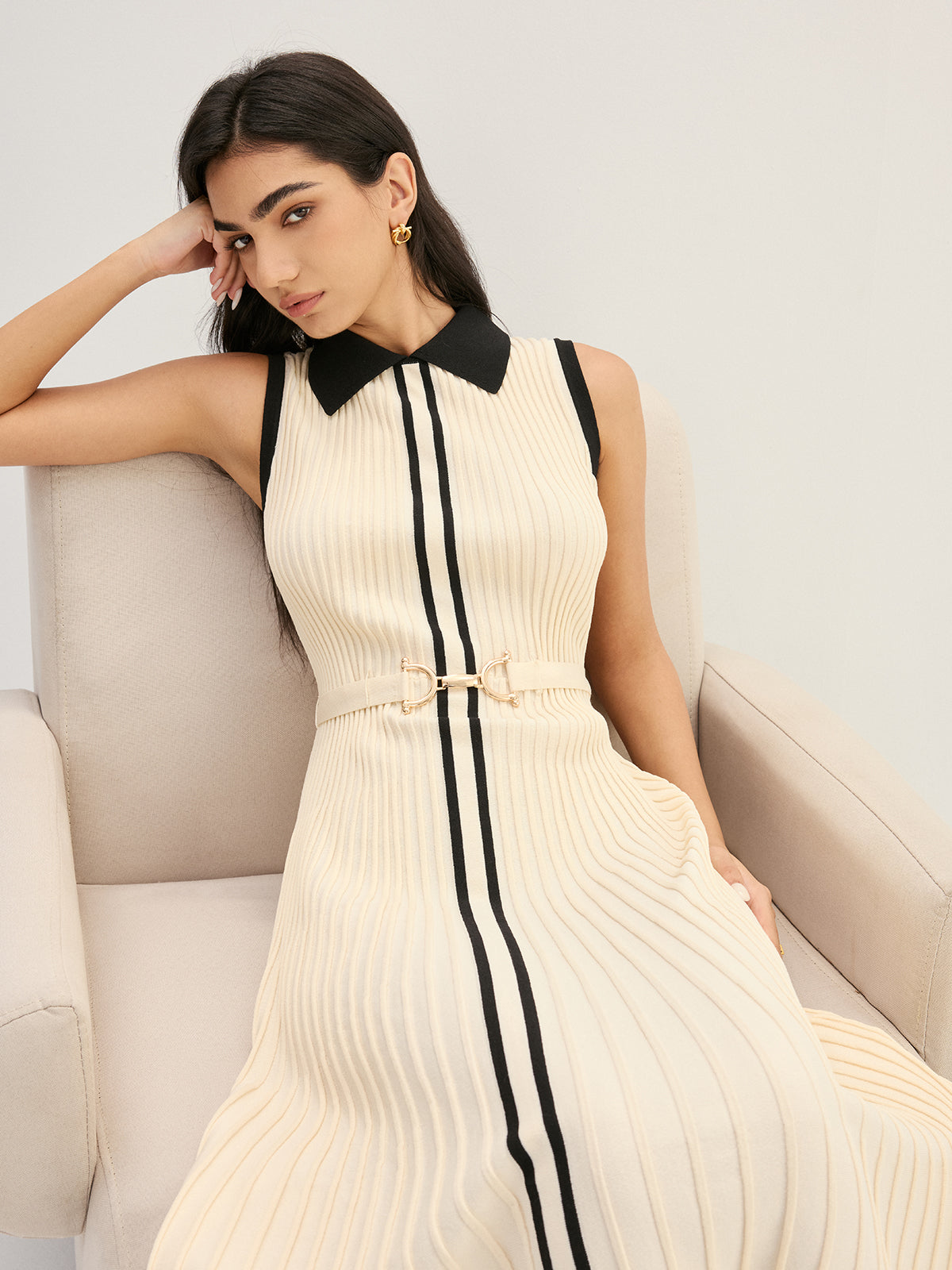 Elegant Contrast Collar Rib Knit Maxi Dress for Evening Events