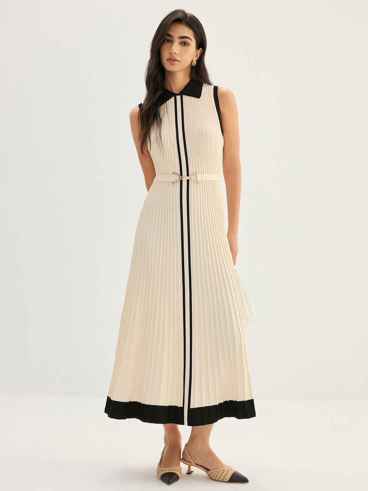 Elegant Contrast Collar Rib Knit Maxi Dress for Evening Events