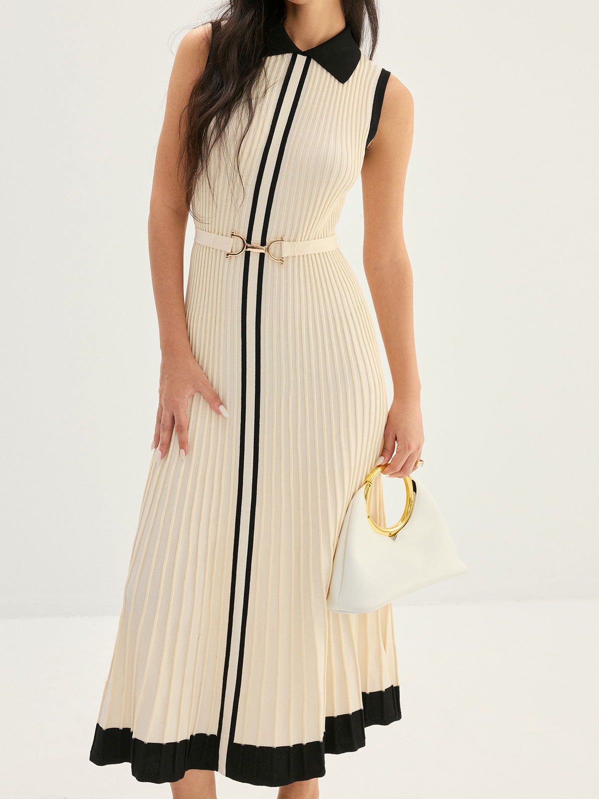 Elegant Contrast Collar Rib Knit Maxi Dress for Evening Events