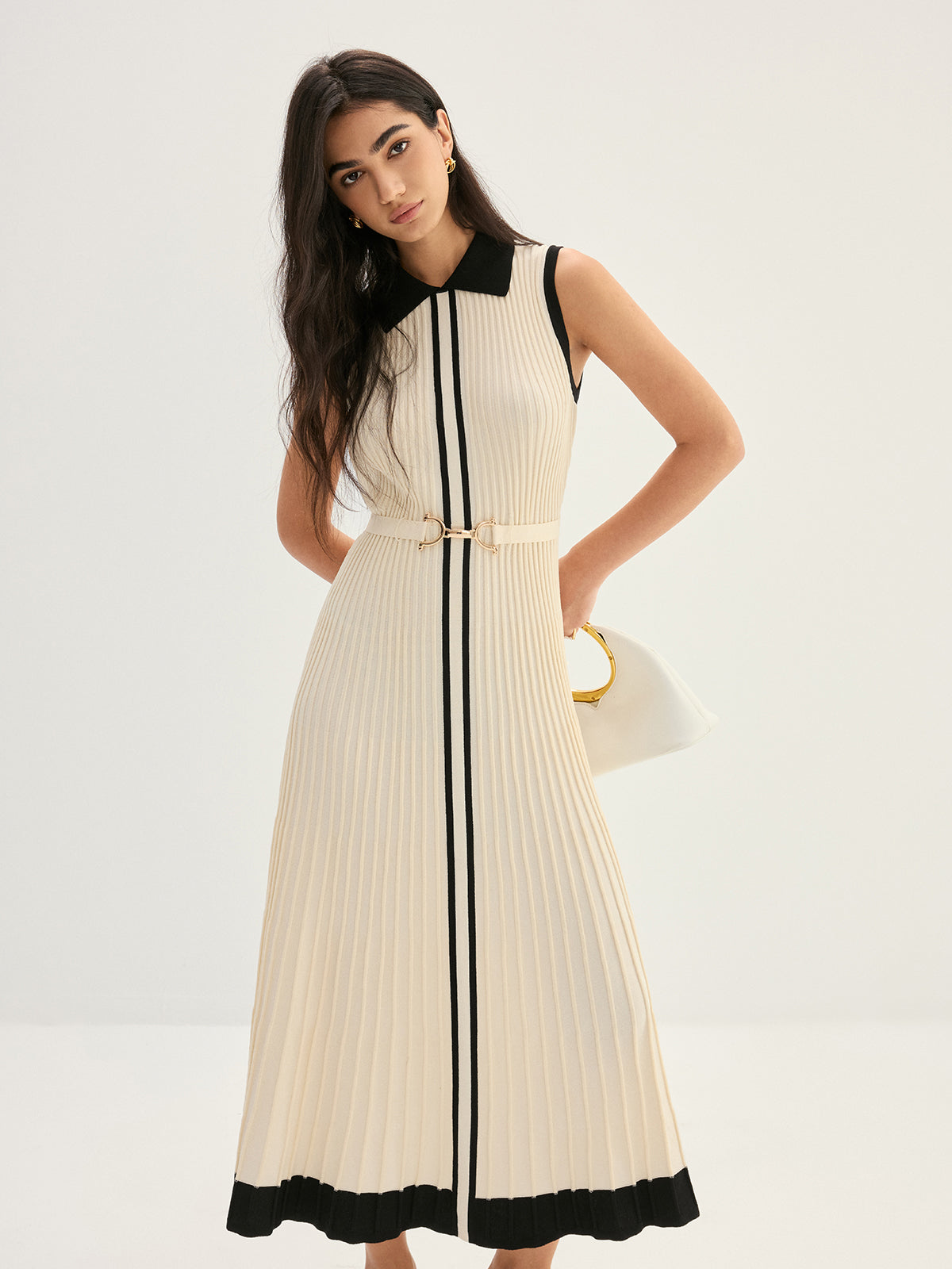 Elegant Contrast Collar Rib Knit Maxi Dress for Evening Events