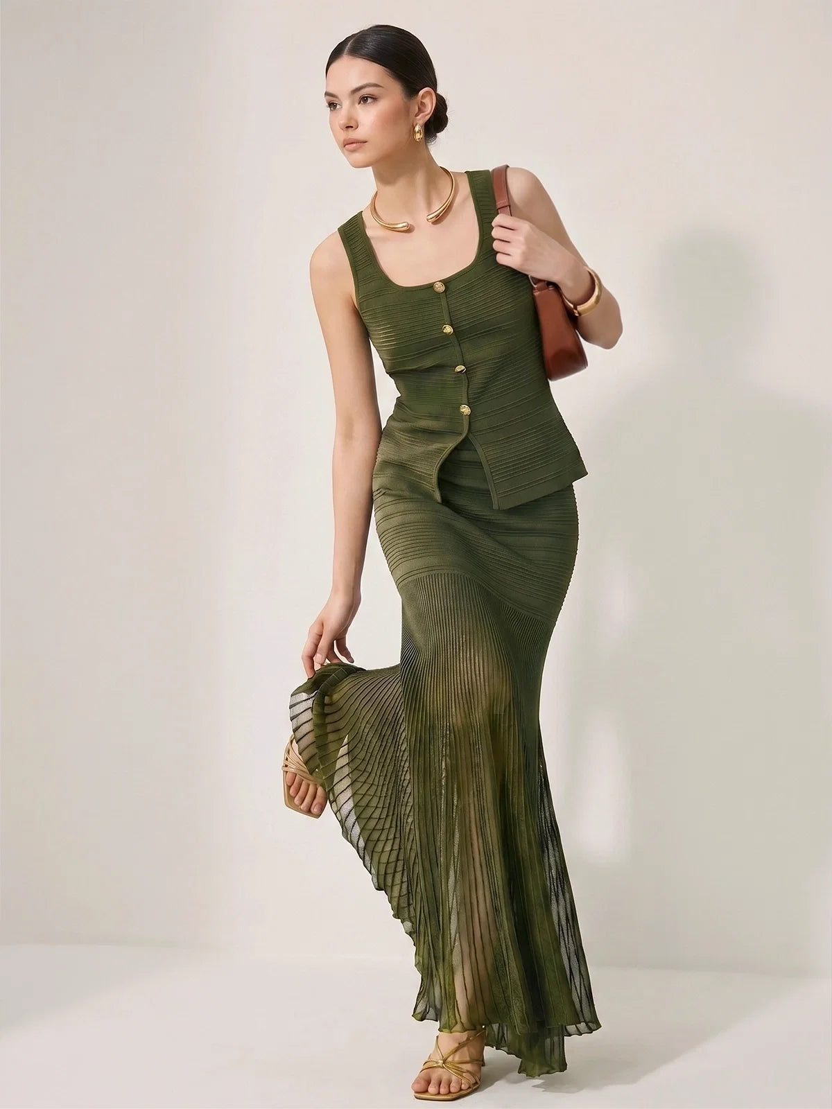 Textured Knit Top & Sheer Mermaid Skirt Set for Evening Wear