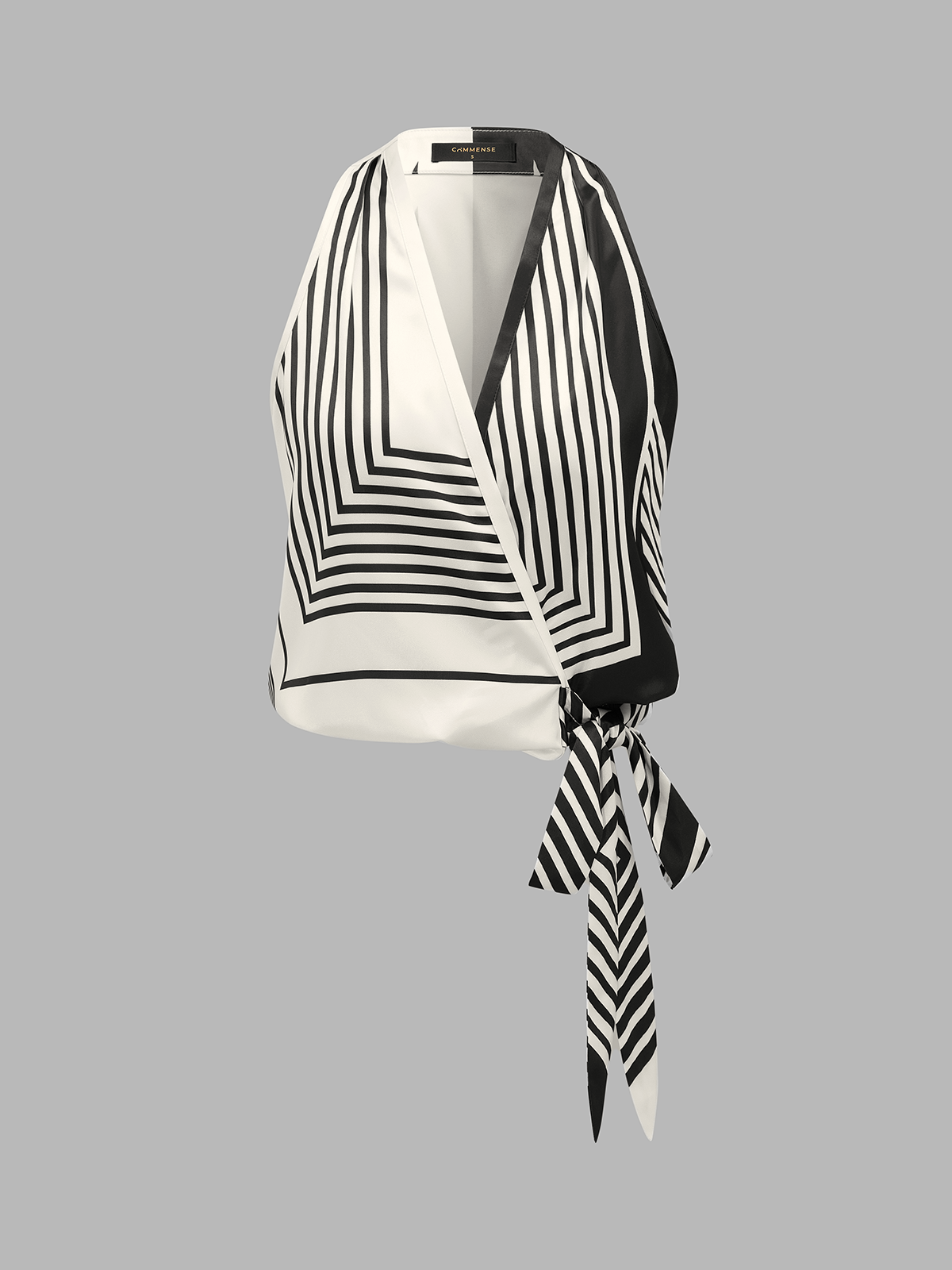 Geometric Stripe Halter Wrap Tie Satin Top Women's Trendy Fashion Blouse