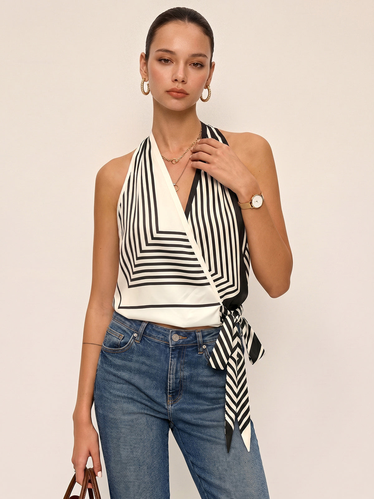 Geometric Stripe Halter Wrap Tie Satin Top Women's Trendy Fashion Blouse