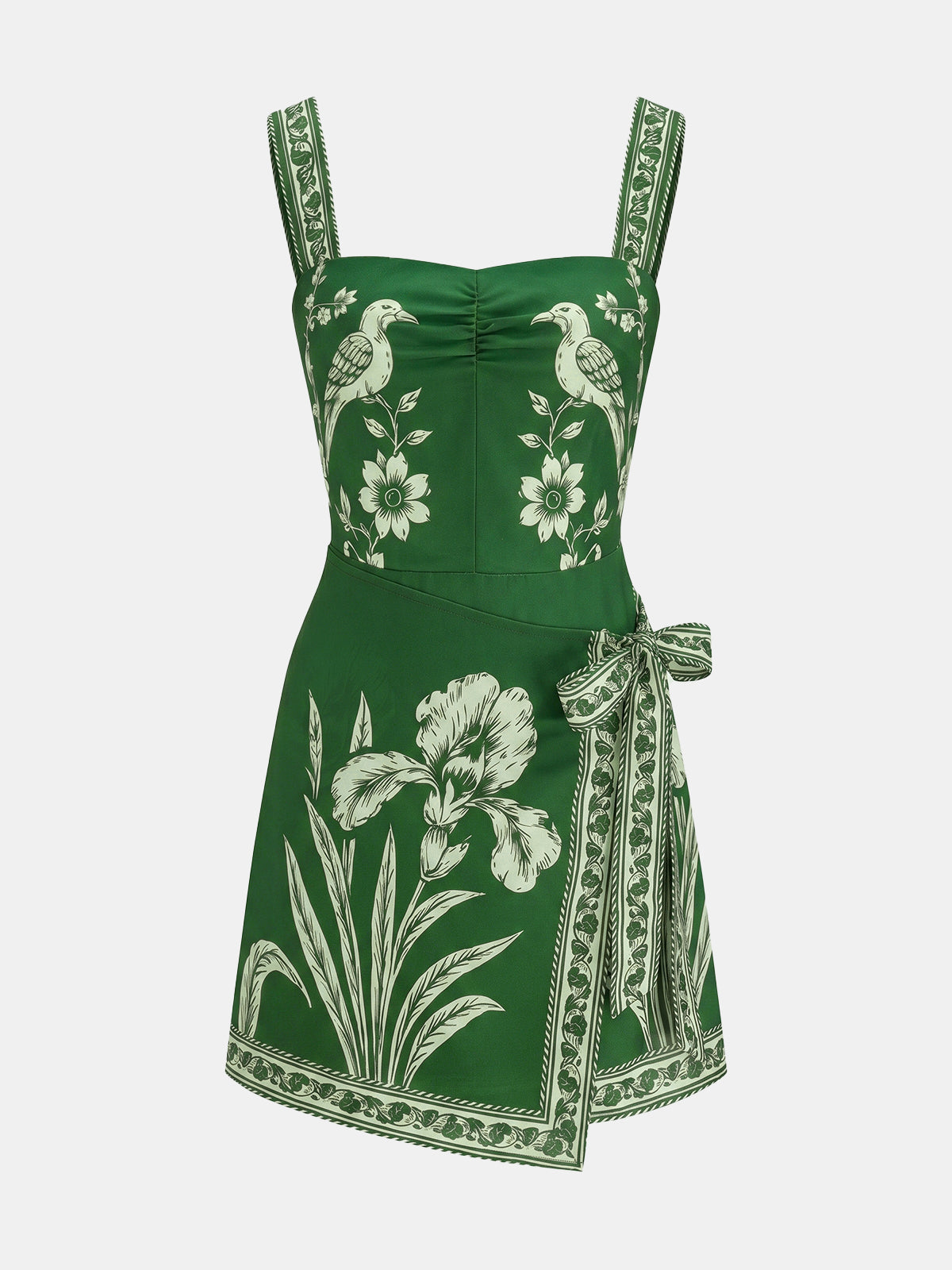 Floral Bird Print Wrap Tie Mini Dress with Ruffled Sleeves and V-Neck