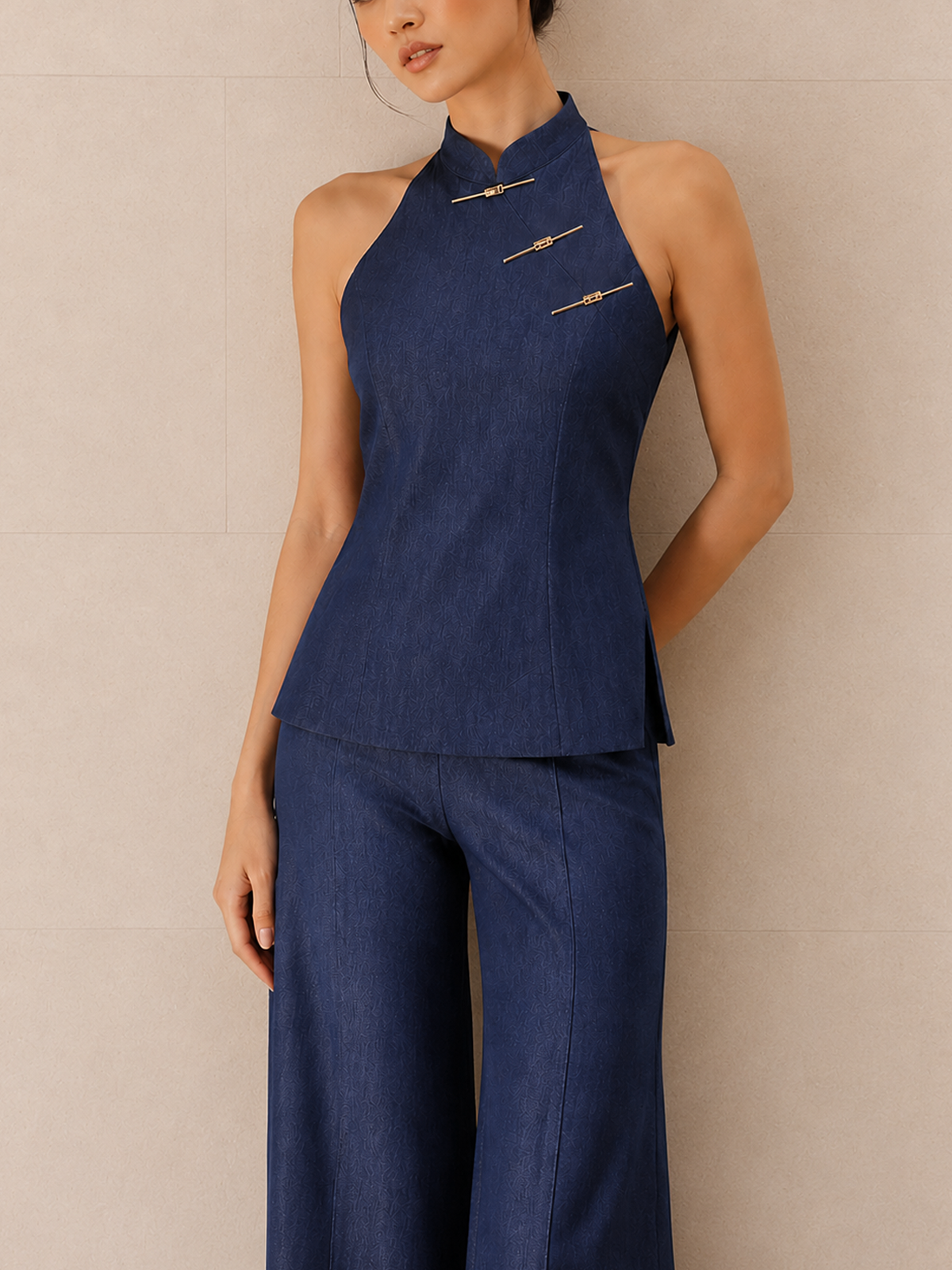 Metal Frog Button Halter Neck Pants Set for Women Casual Wear