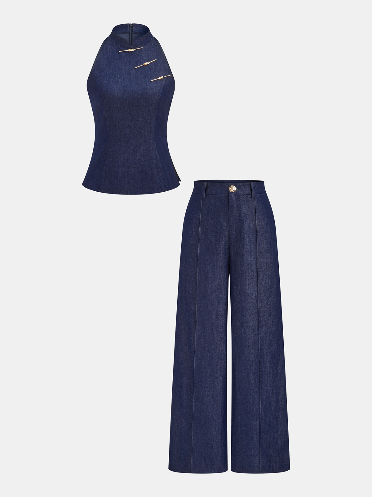 Metal Frog Button Halter Neck Pants Set for Women Casual Wear