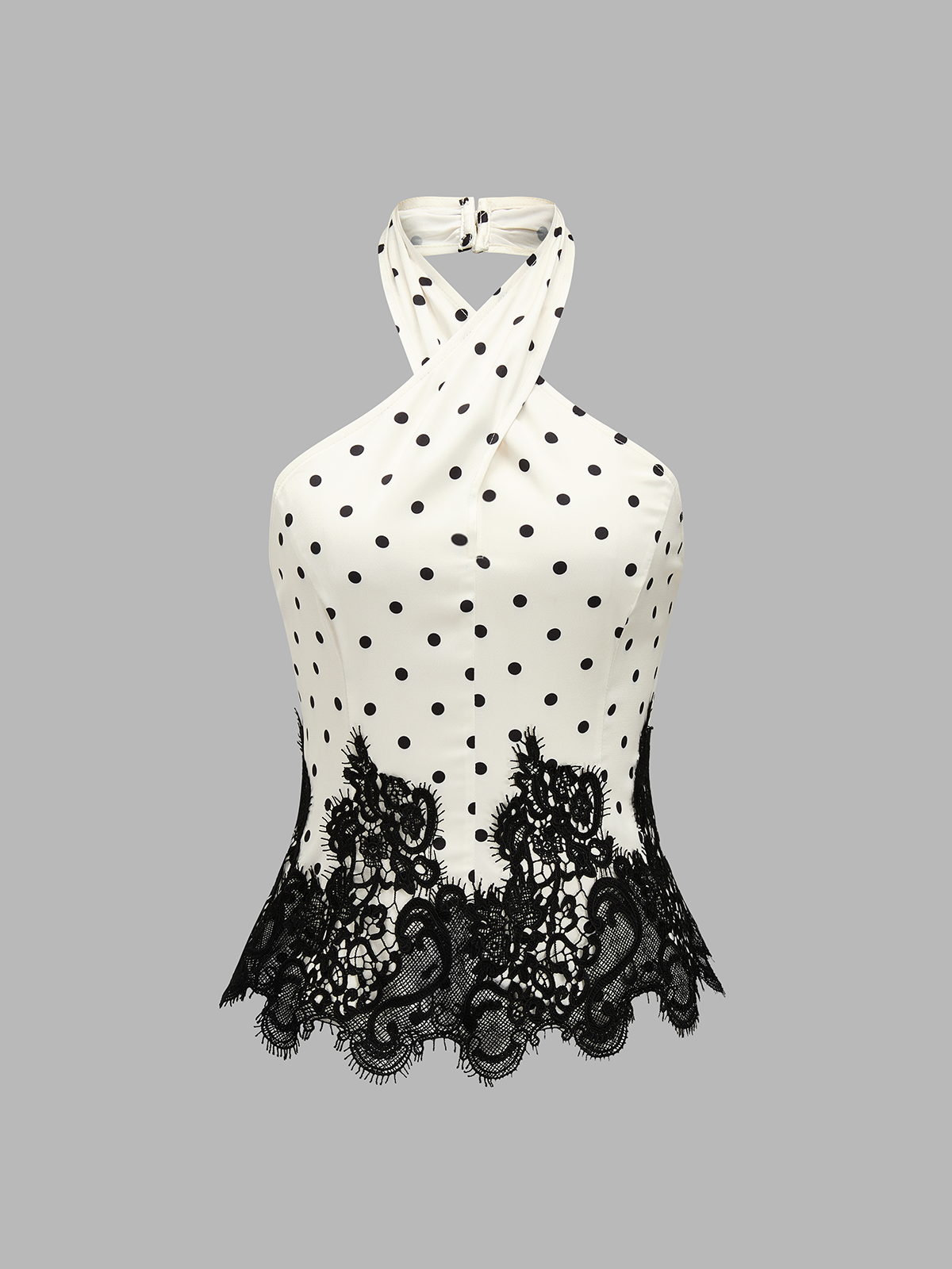 Polka Dot Lace Hem Cross Halter Top with Adjustable Neck Tie