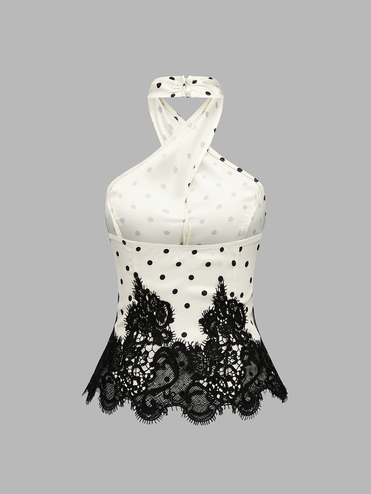 Polka Dot Lace Hem Cross Halter Top with Adjustable Neck Tie