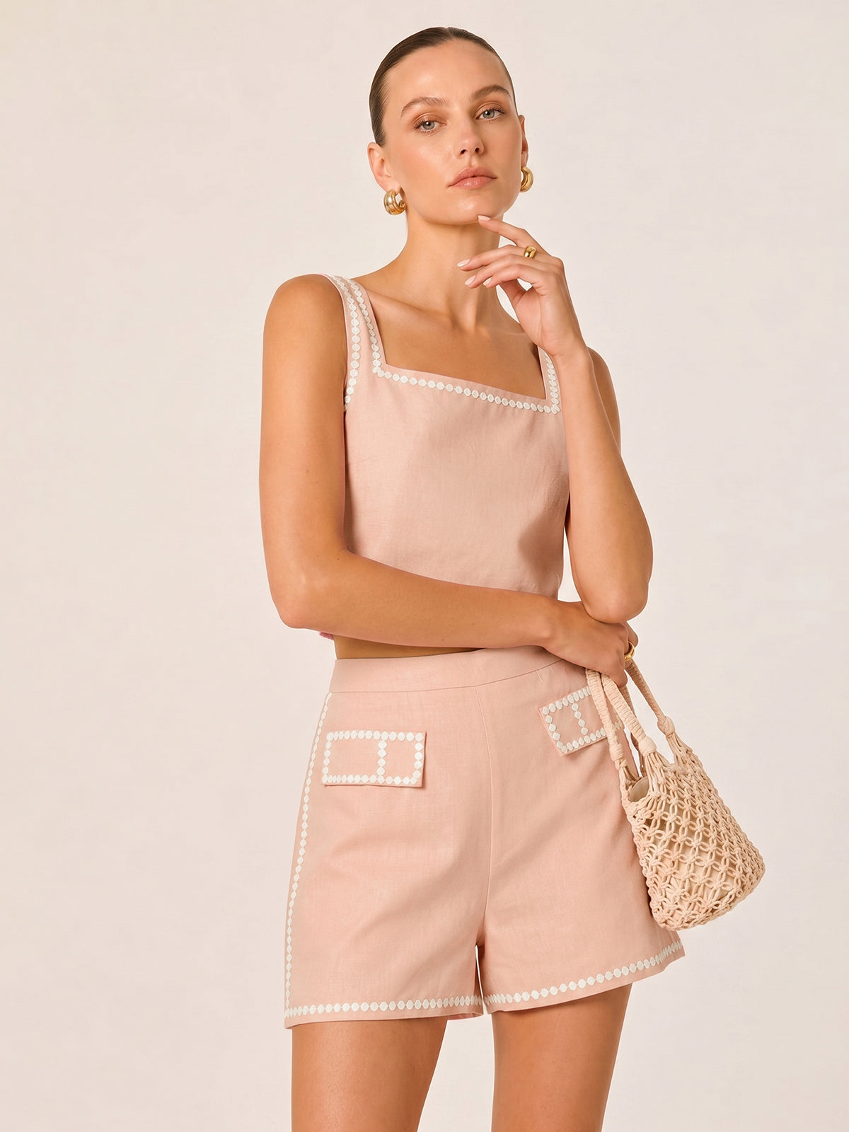 Square Neck Embroidered Top & Shorts Set with Floral Design