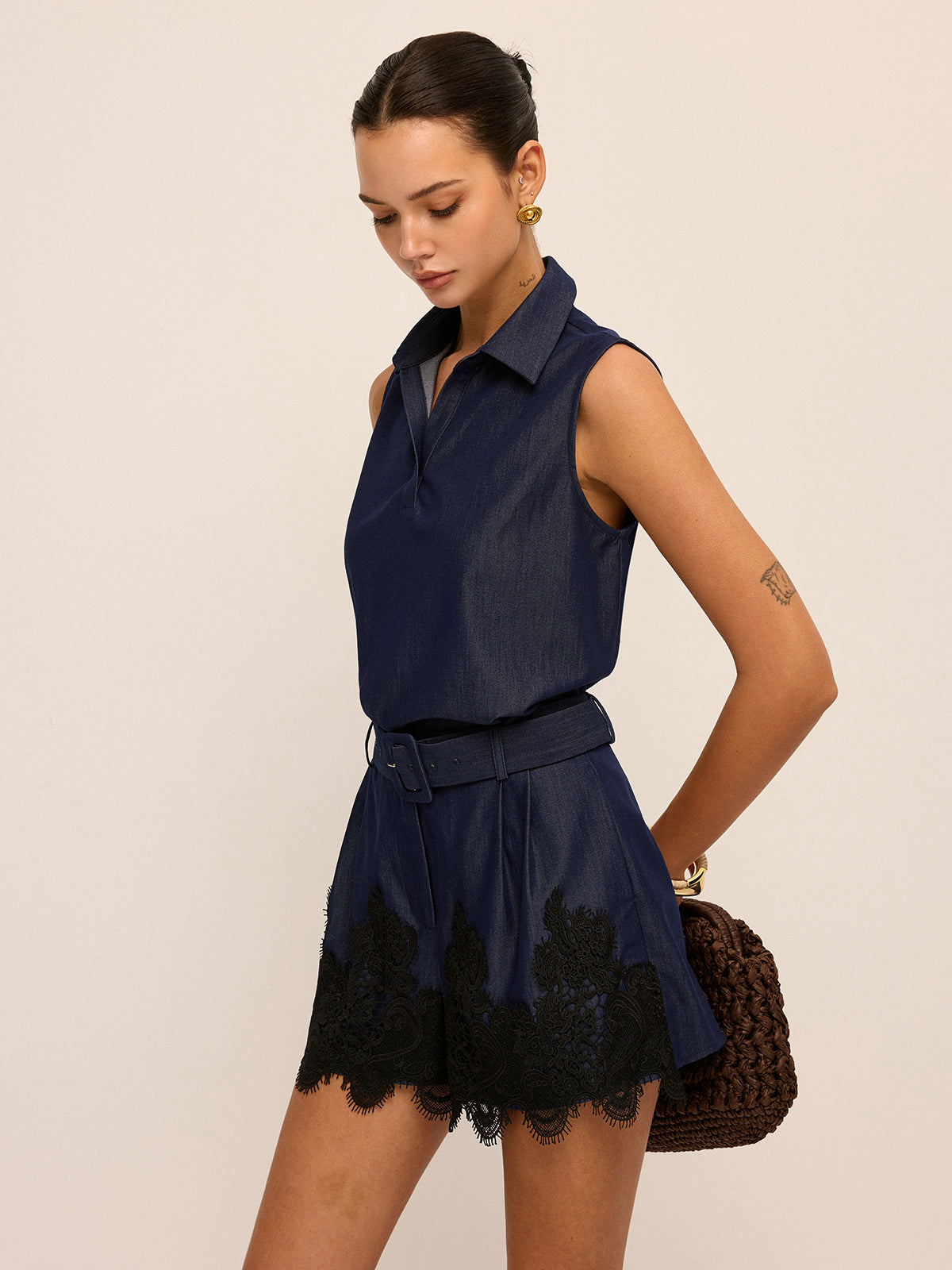 Sleeveless Polo Top & Lace-Hem Shorts Set for Women Summer Casual