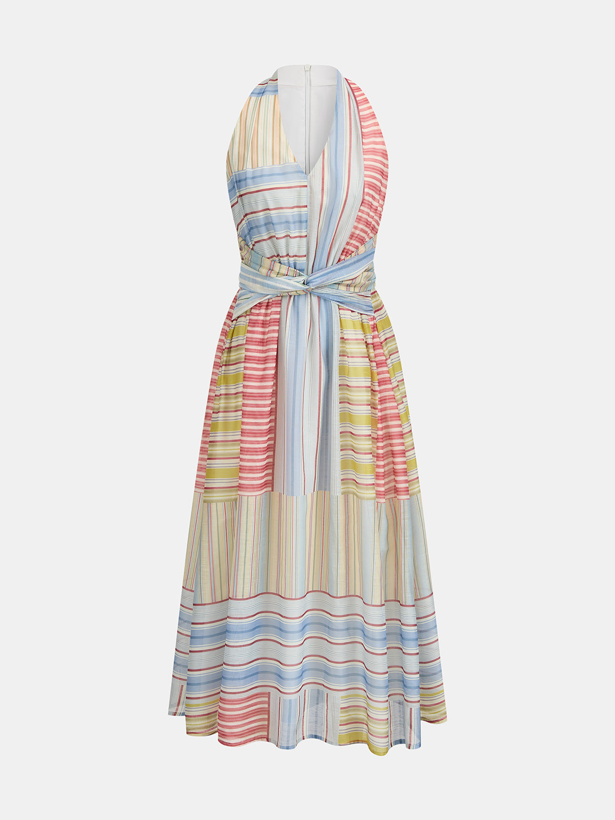 Color Stripe Tie-Back Midi Dress with Adjustable Straps and Pockets