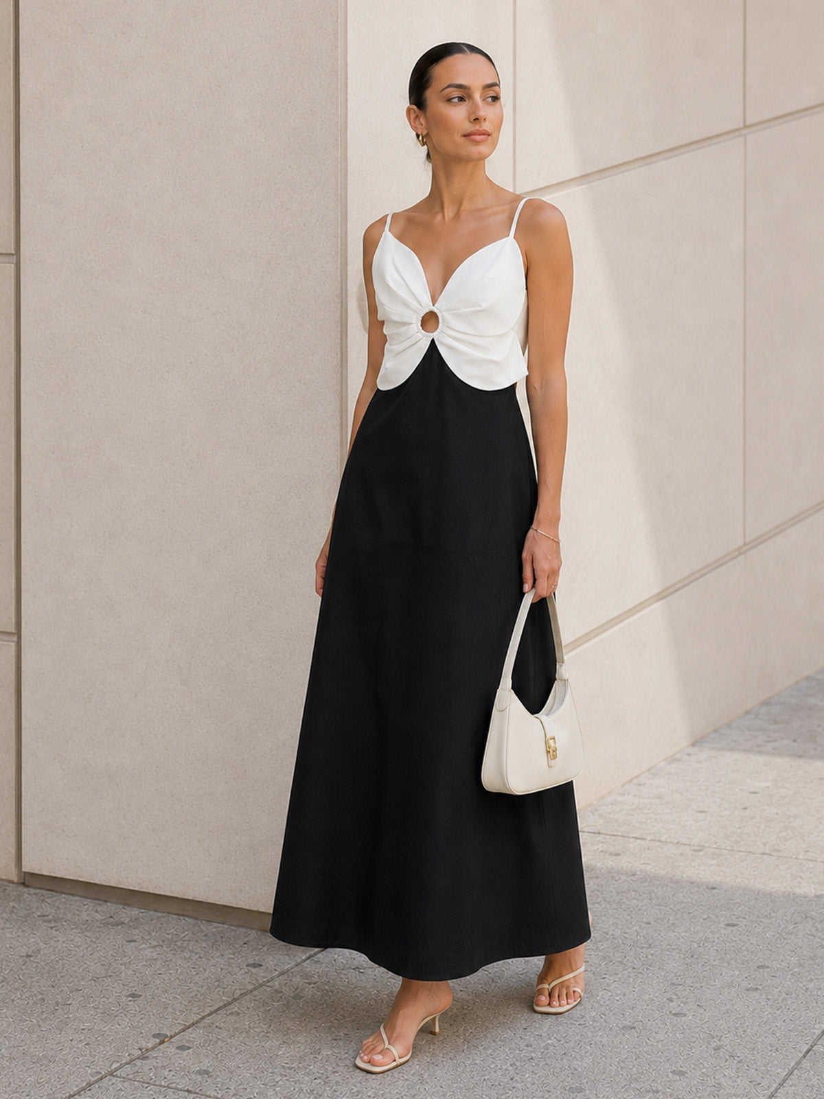 Color Block Ring Cutout Slip Midi Dress Women's Elegant Evening Wear