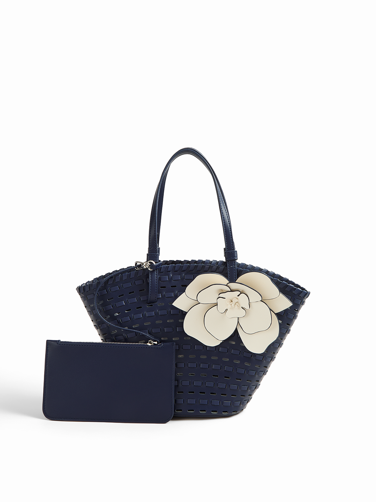 Woven Flower Decor Shoulder Tote Handbag with Zip Closure