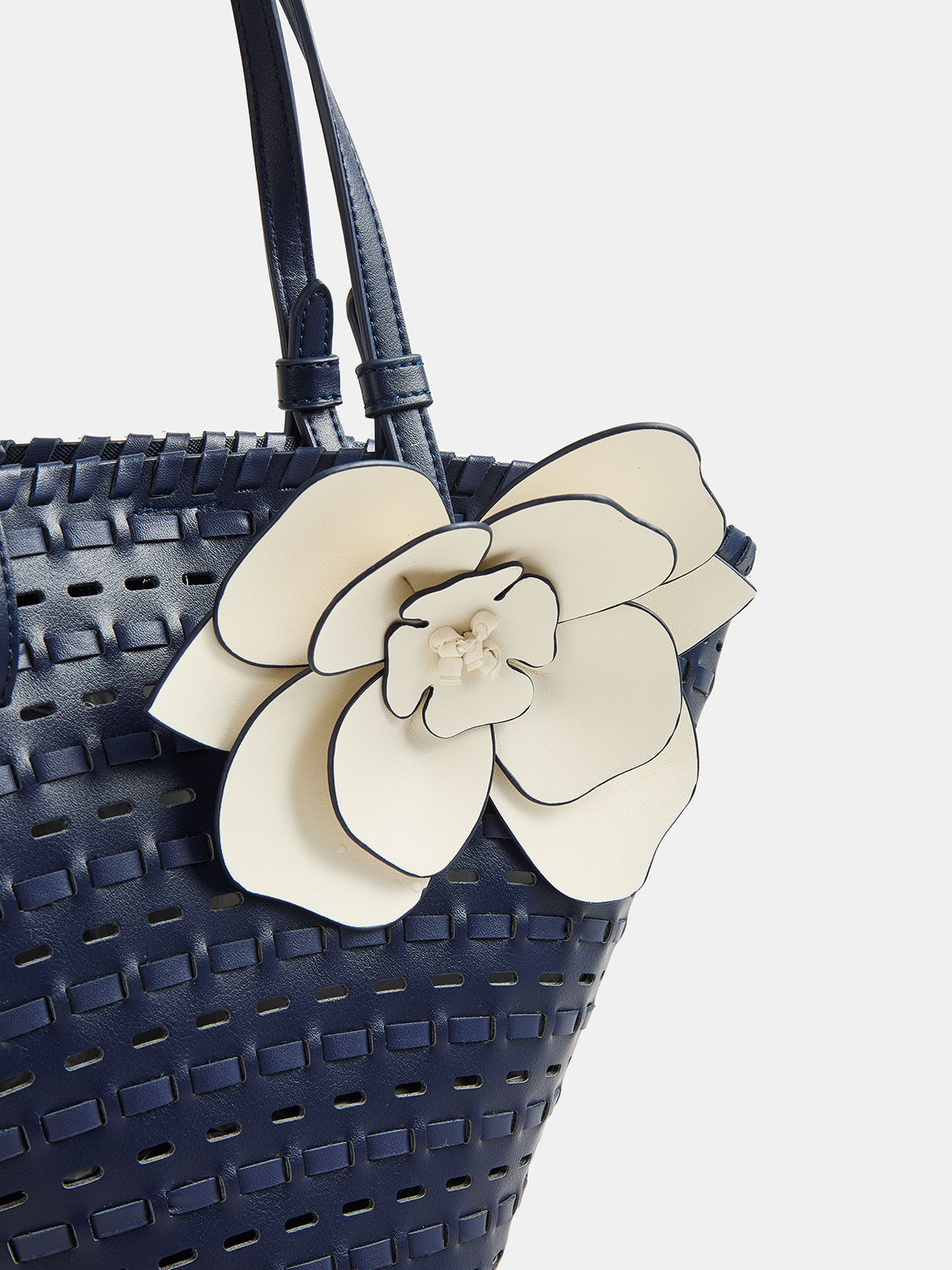 Woven Flower Decor Shoulder Tote Handbag with Zip Closure