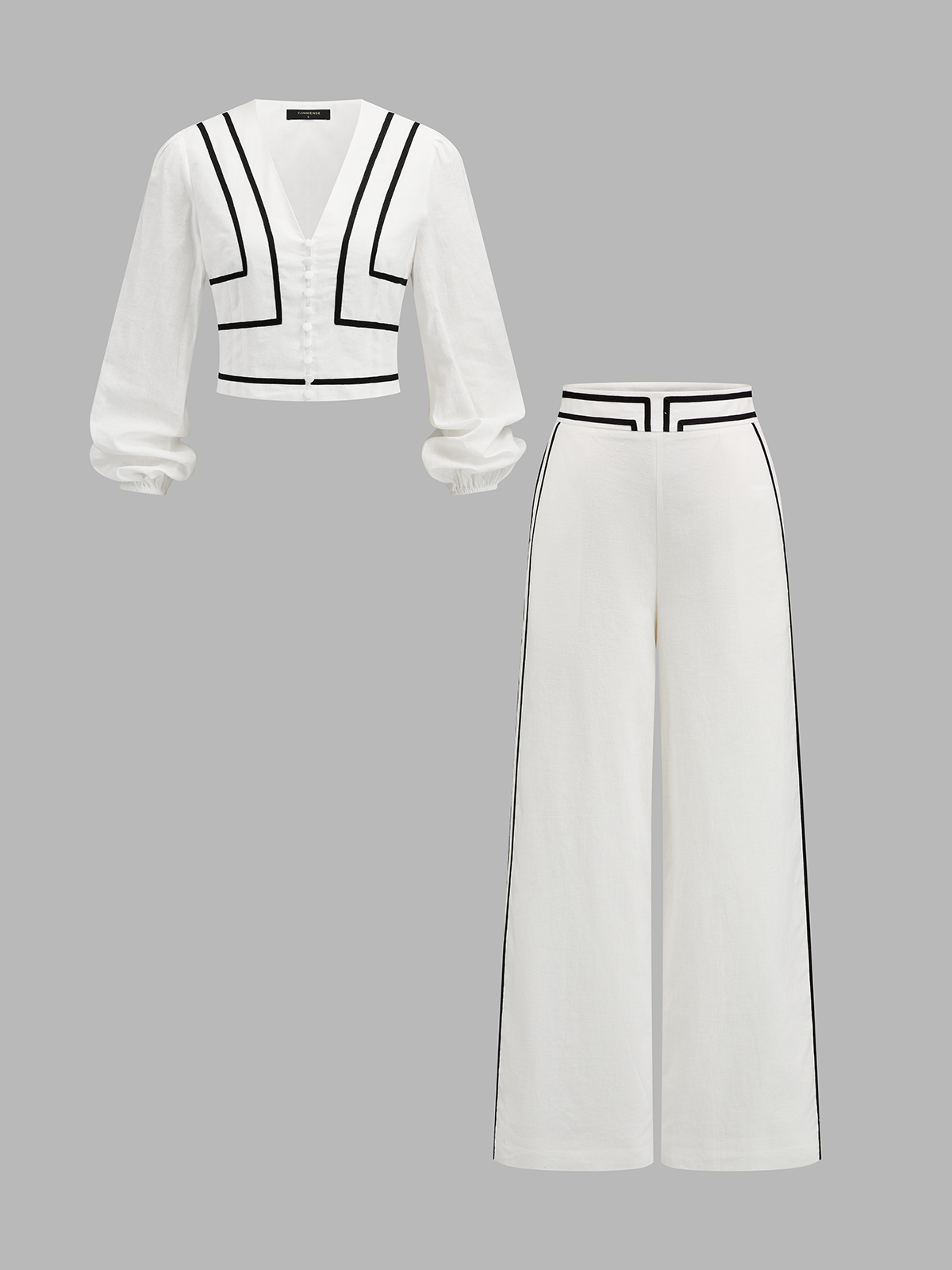 Enhanced Contrast Trim Cotton Linen Two Piece Pants Set for Women