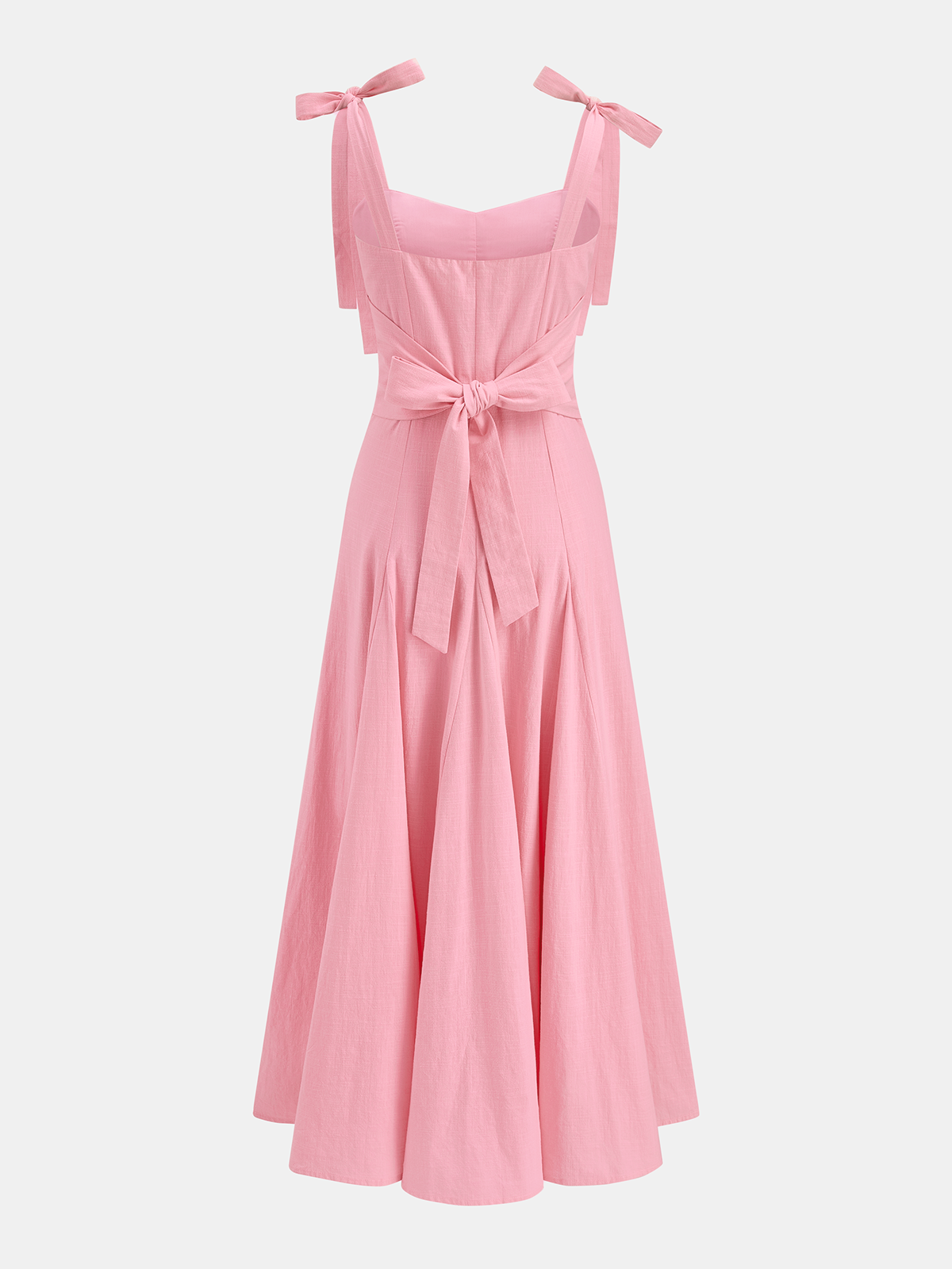 Bow Tie Straps Cotton Midi Dress with Pockets and Elastic Waist
