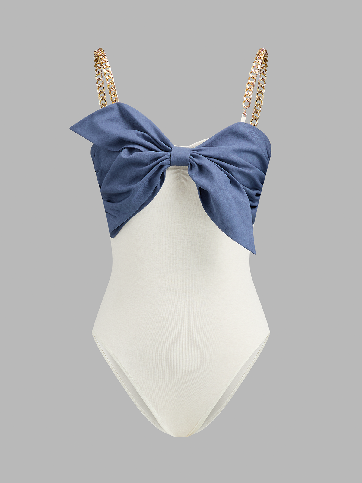 Chain Strap Contrast Bow Bodysuit with Adjustable Shoulder Straps