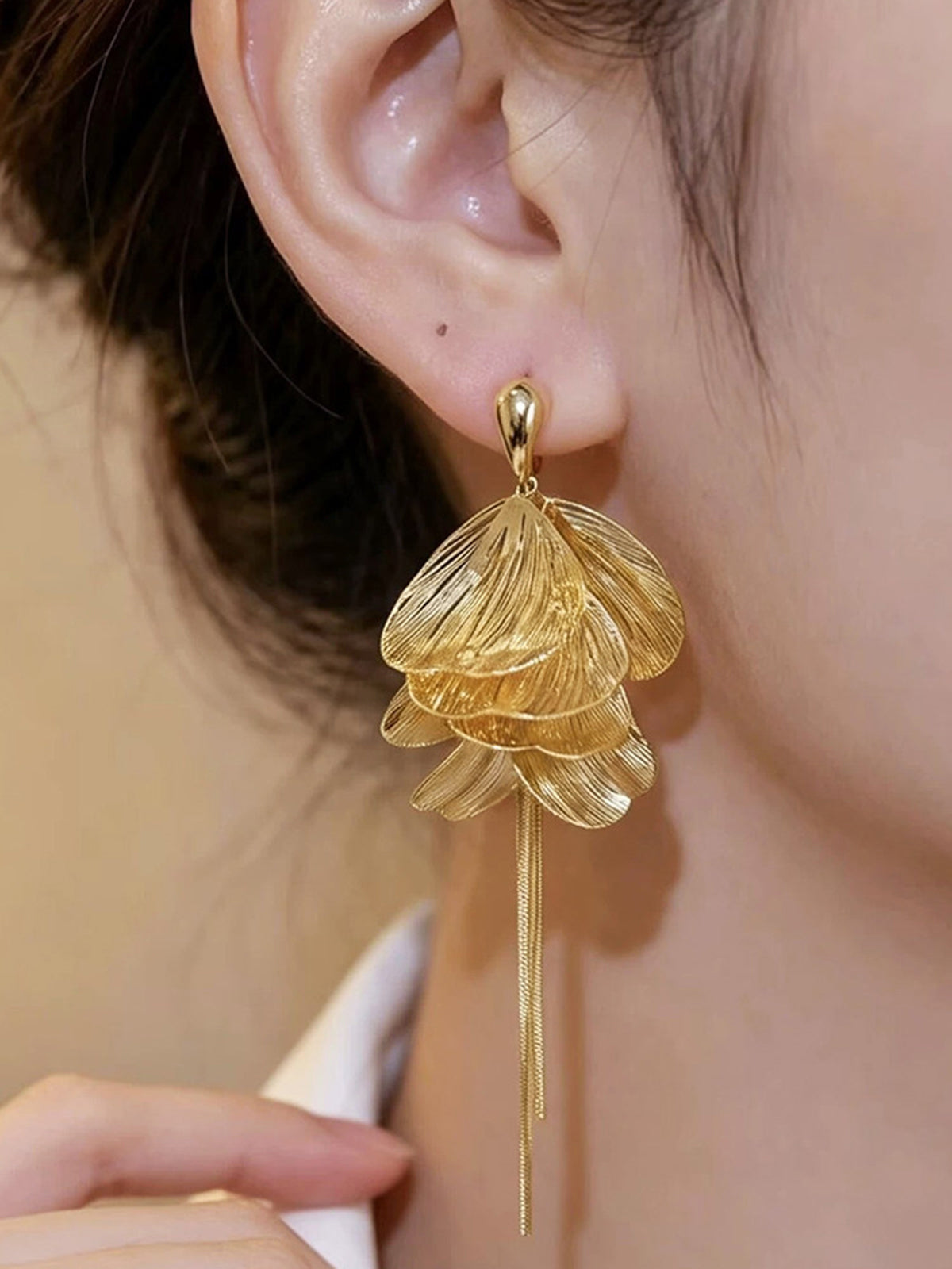 Layered Petal Tassel Drop Earrings, Chic Bohemian Statement Accessories