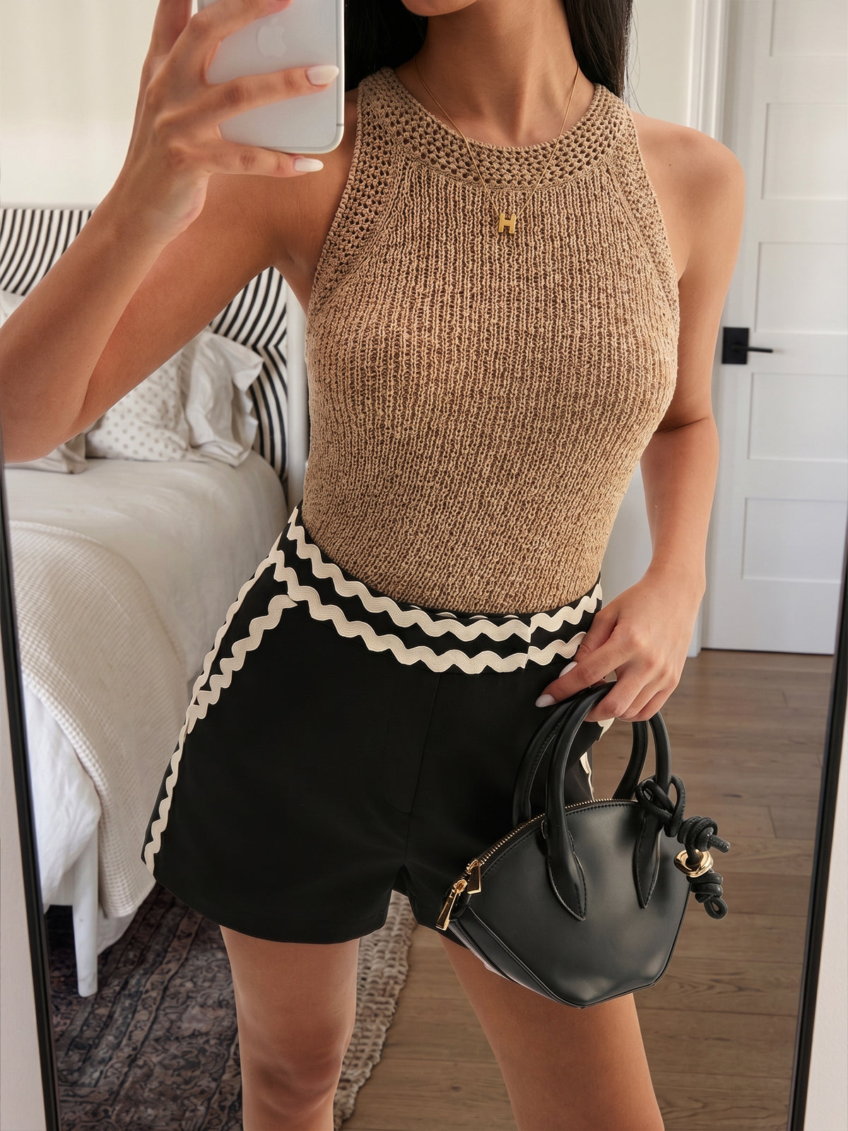 Wave Trim Mid Waist Casual Shorts with Elastic Drawstring Closure