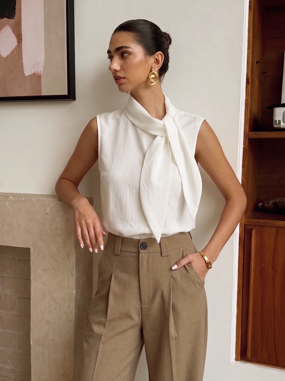 Tie Neck Sleeveless Tencel Blouse for Women Summer Casual Wear
