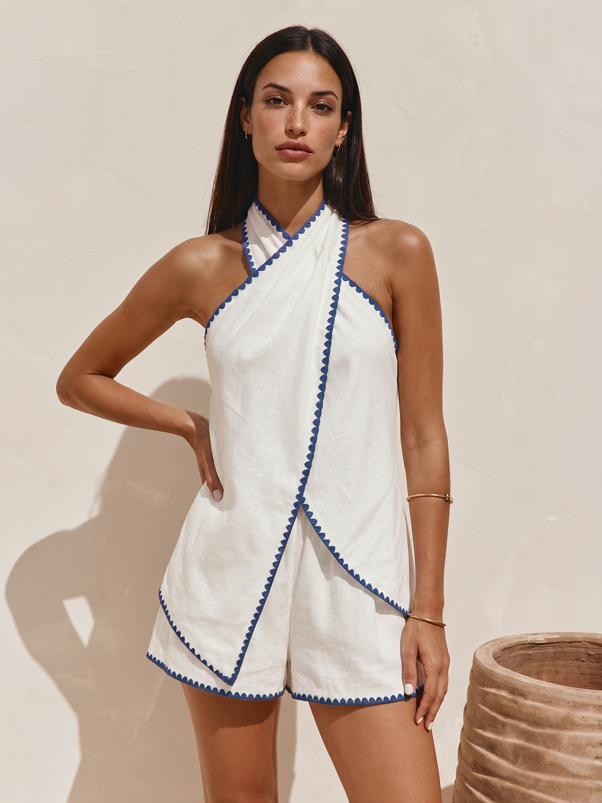Scallop Trim Linen Blend Two Piece Shorts Set for Women Summer Casual