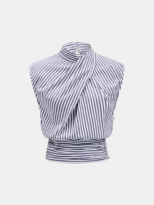 Asymmetrical Neck Striped Sleeveless Blouse Women's Casual Summer Top