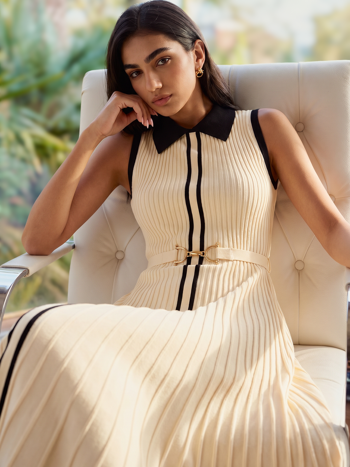 Elegant Contrast Collar Rib Knit Maxi Dress for Evening Events