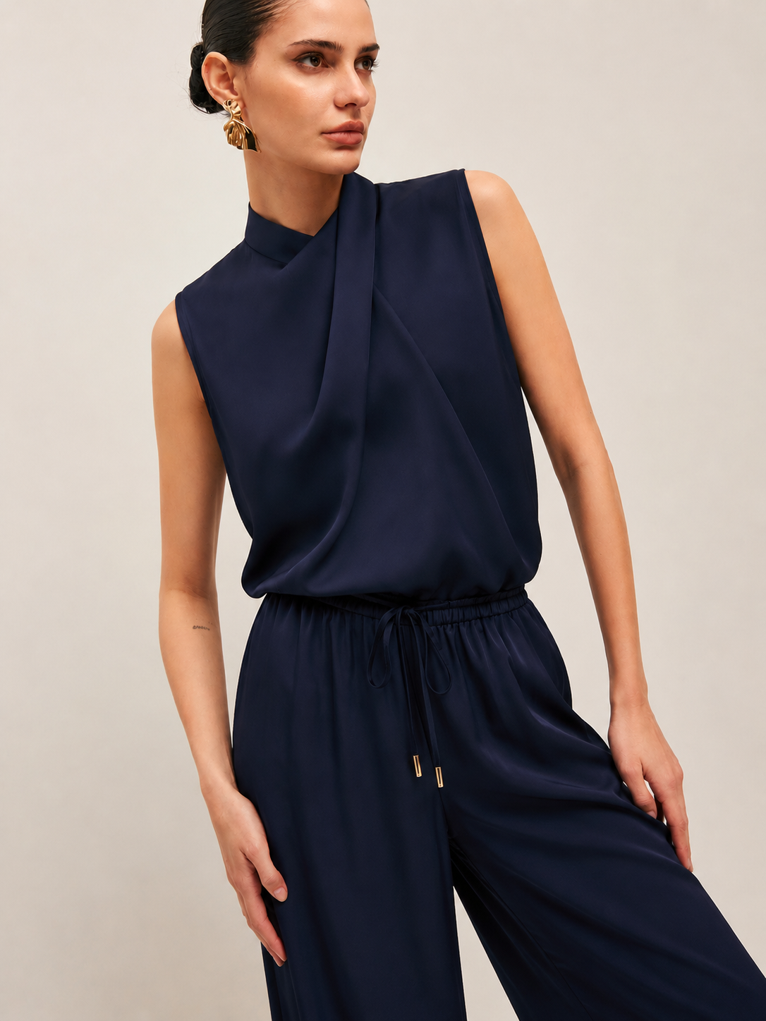 Satin Drape Neck Top & Drawstring Pants Set for Elegant Evenings