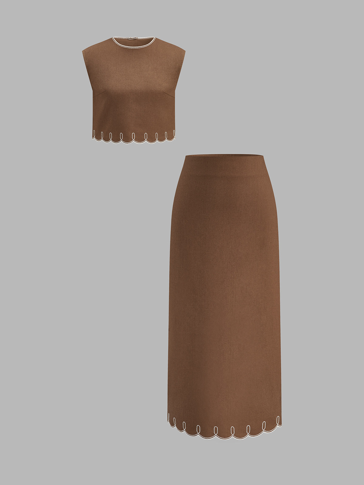 Contrast Stitch Linen Blend Two Piece Skirt Set for Women Summer Casual