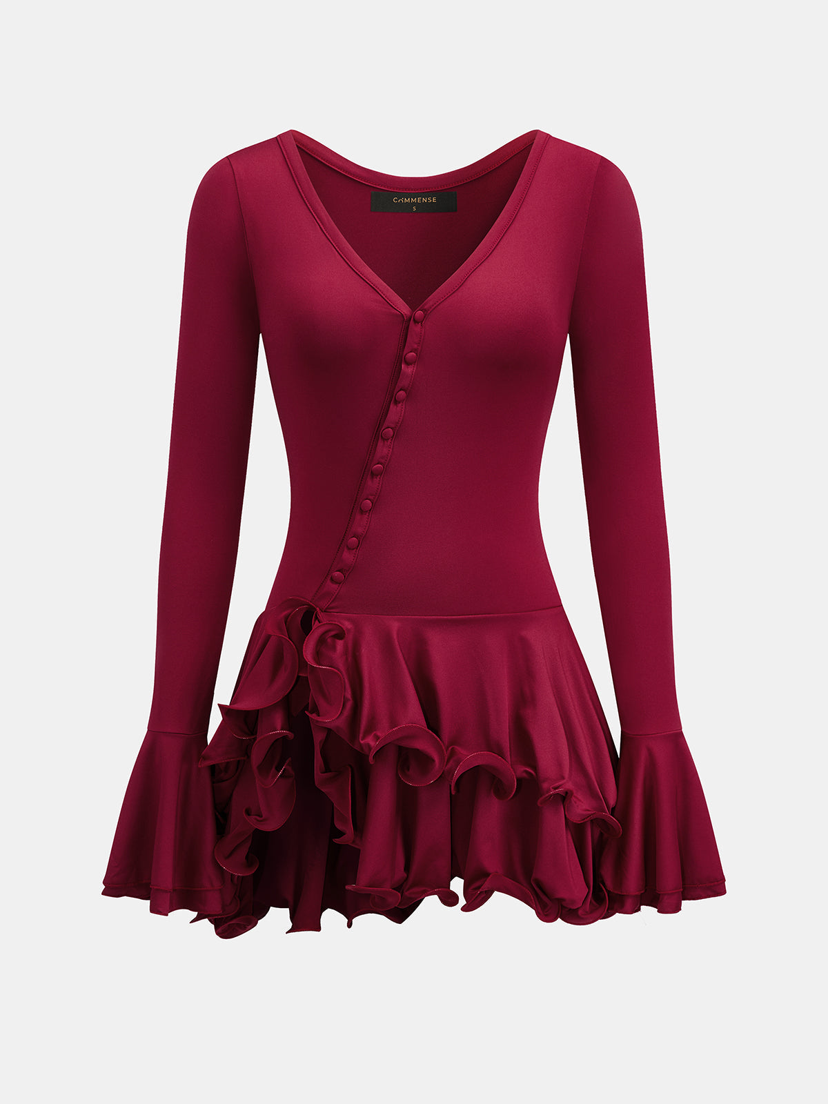V Neck Button Flare Sleeve Ruffle Mini Dress Elegant Casual Party-wear