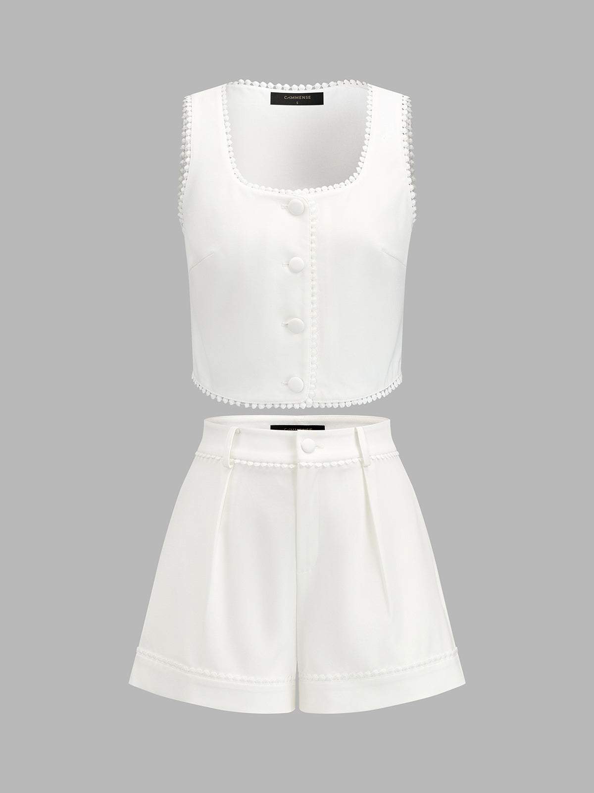 "Lace Trim Square Neck Vest & Shorts Set with Comfort Fit"