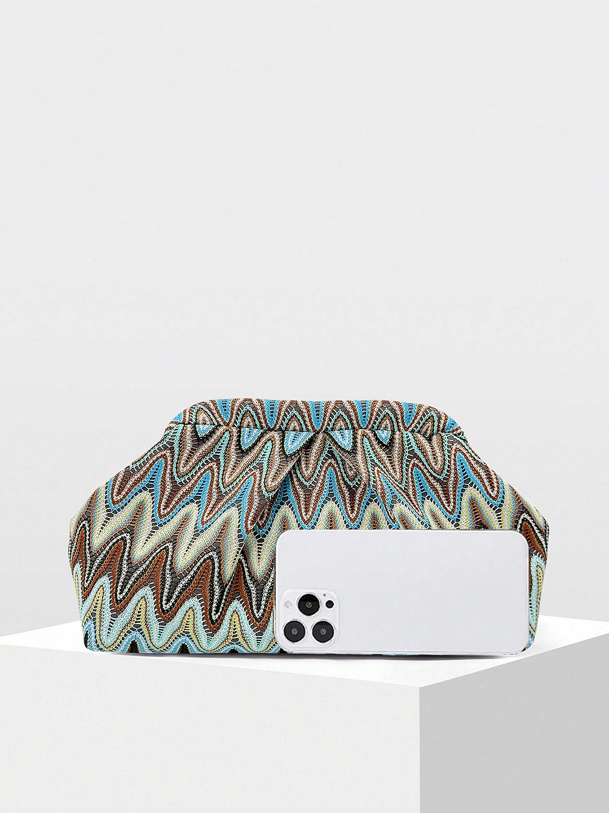 Zigzag Pattern Ruched Evening Clutch with Detachable Chain Strap