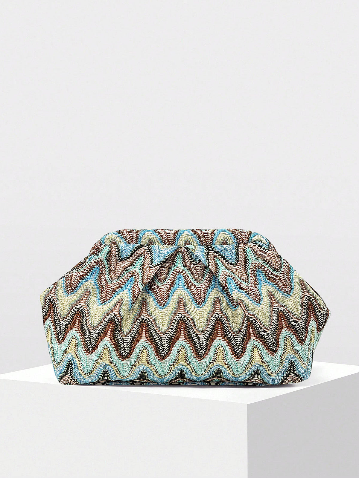 Zigzag Pattern Ruched Evening Clutch with Detachable Chain Strap