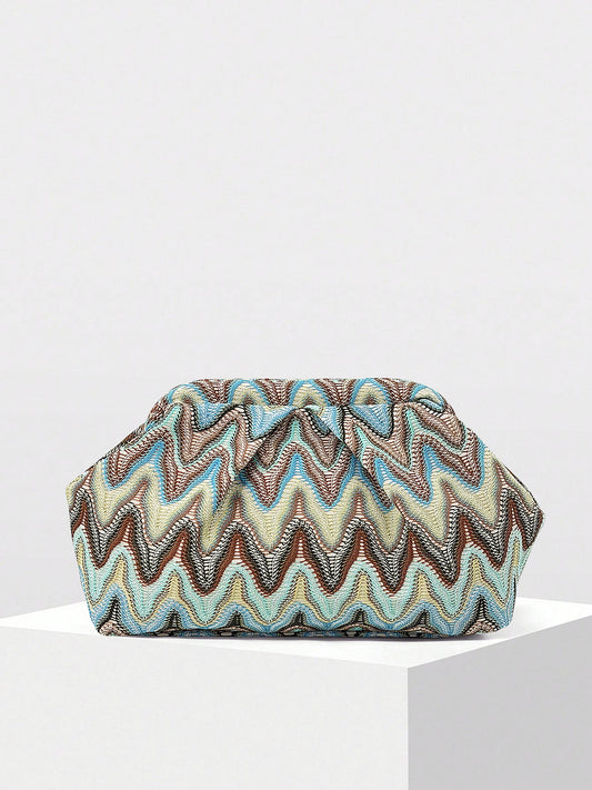 Zigzag Pattern Ruched Evening Clutch with Detachable Chain Strap