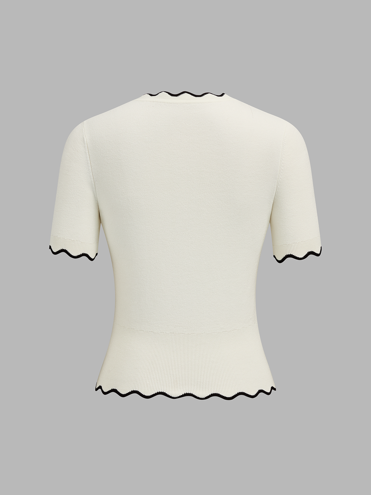 Contrast Wave Edge Button Front Knit Top with Long Sleeves and Stretch