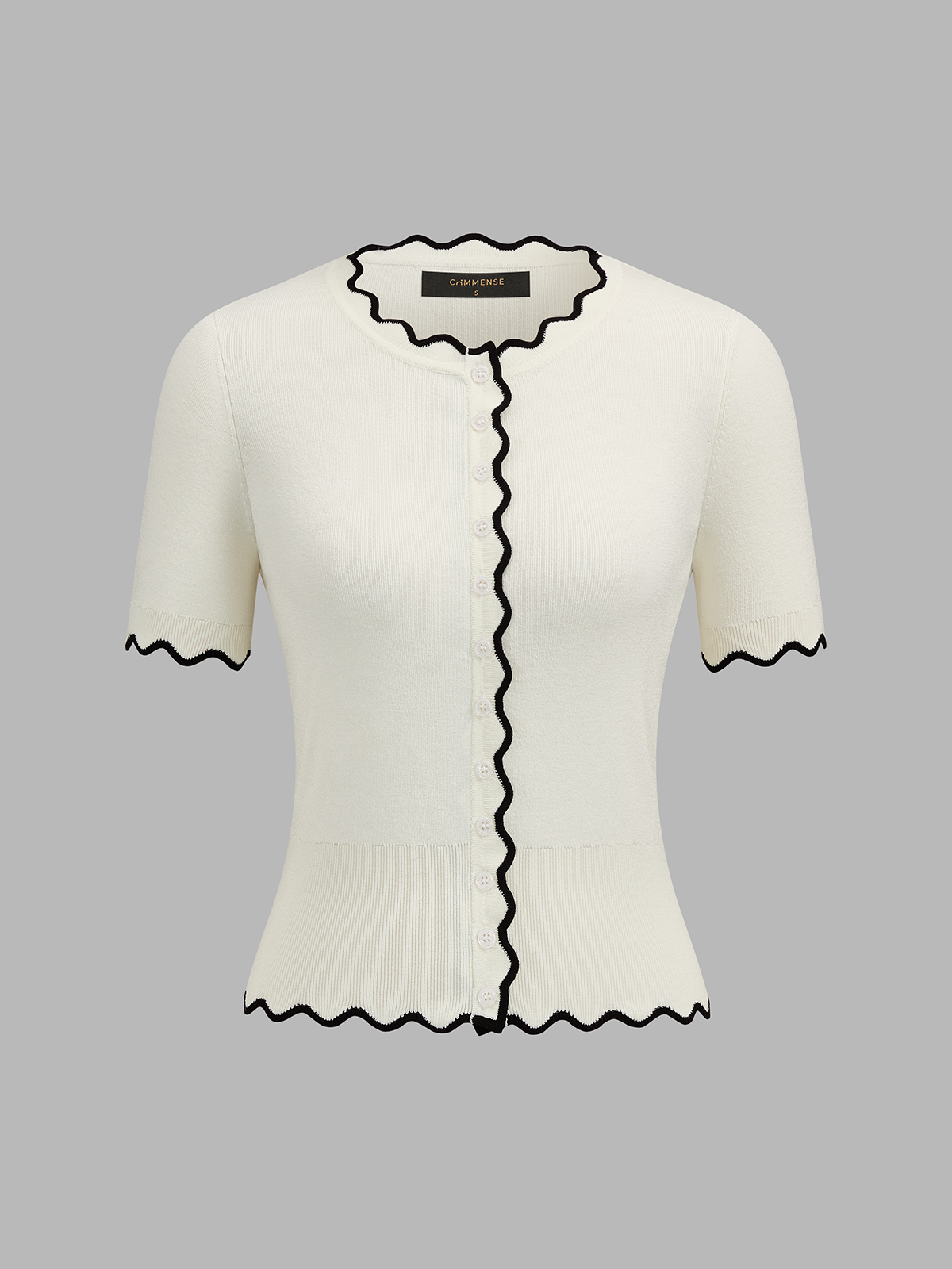 Contrast Wave Edge Button Front Knit Top with Long Sleeves and Stretch