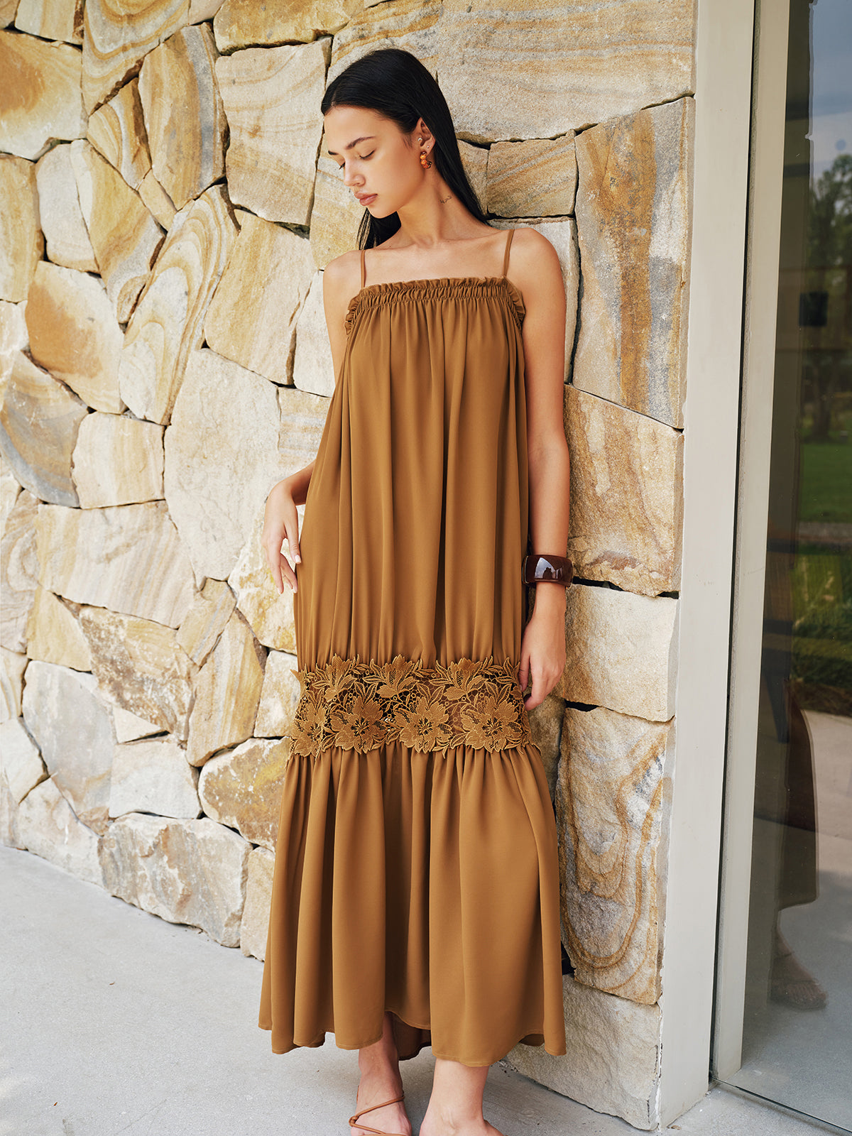 Floral Lace Panel Tiered Maxi Slip Dress for Women, Elegant Evening Wear