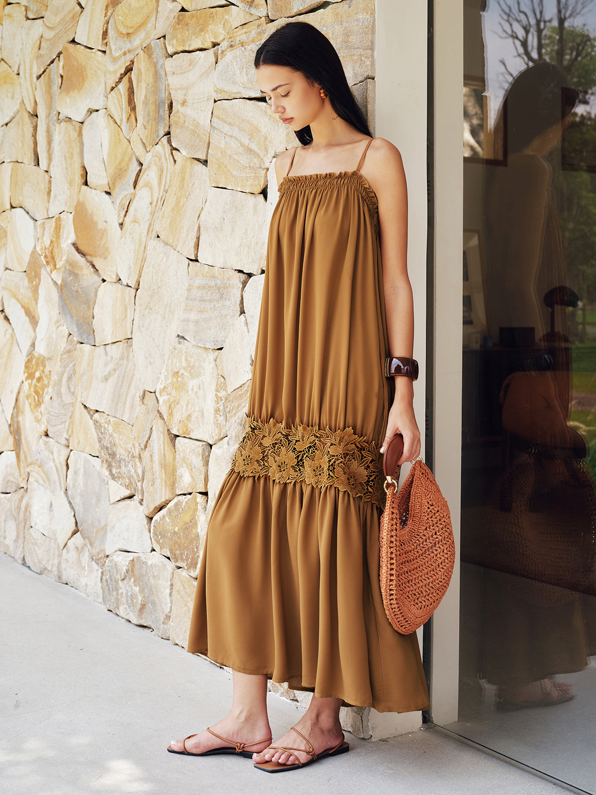 Floral Lace Panel Tiered Maxi Slip Dress for Women, Elegant Evening Wear