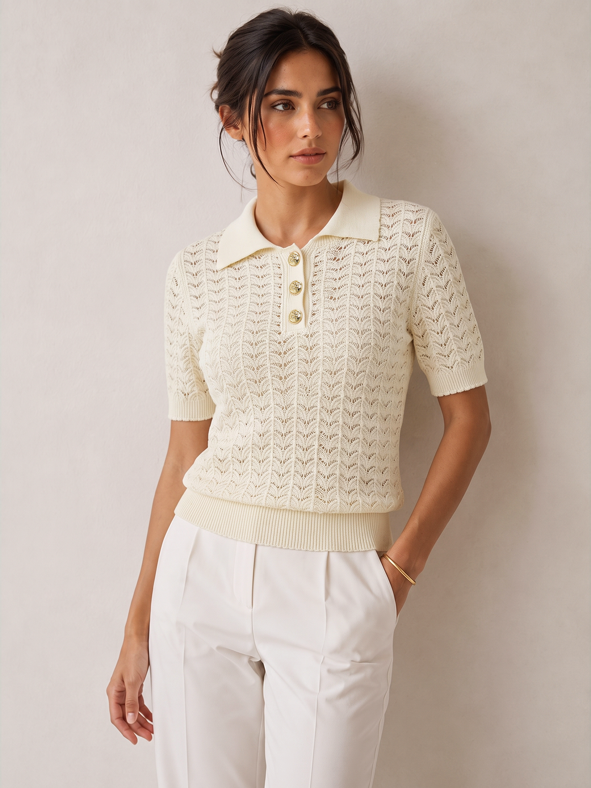 Openwork Short Sleeve Collared Knitted Top - Comfortable Chic Summer Wear