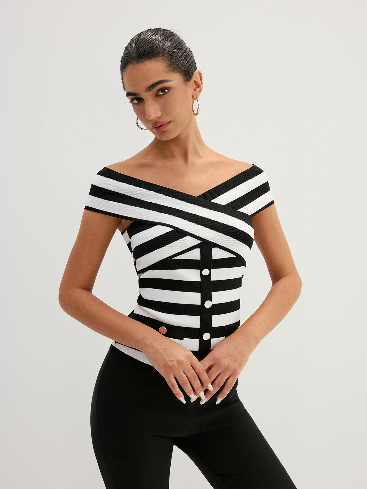 Striped Cross Off Shoulder Knit Top Comfortable Summer Fashion