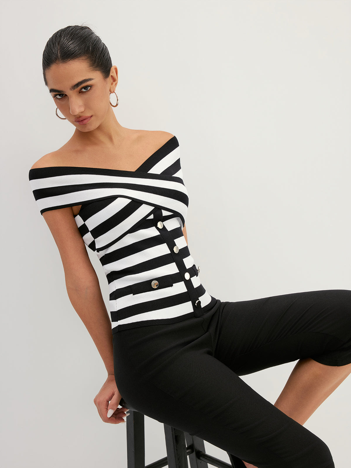 Striped Cross Off Shoulder Knit Top Comfortable Summer Fashion