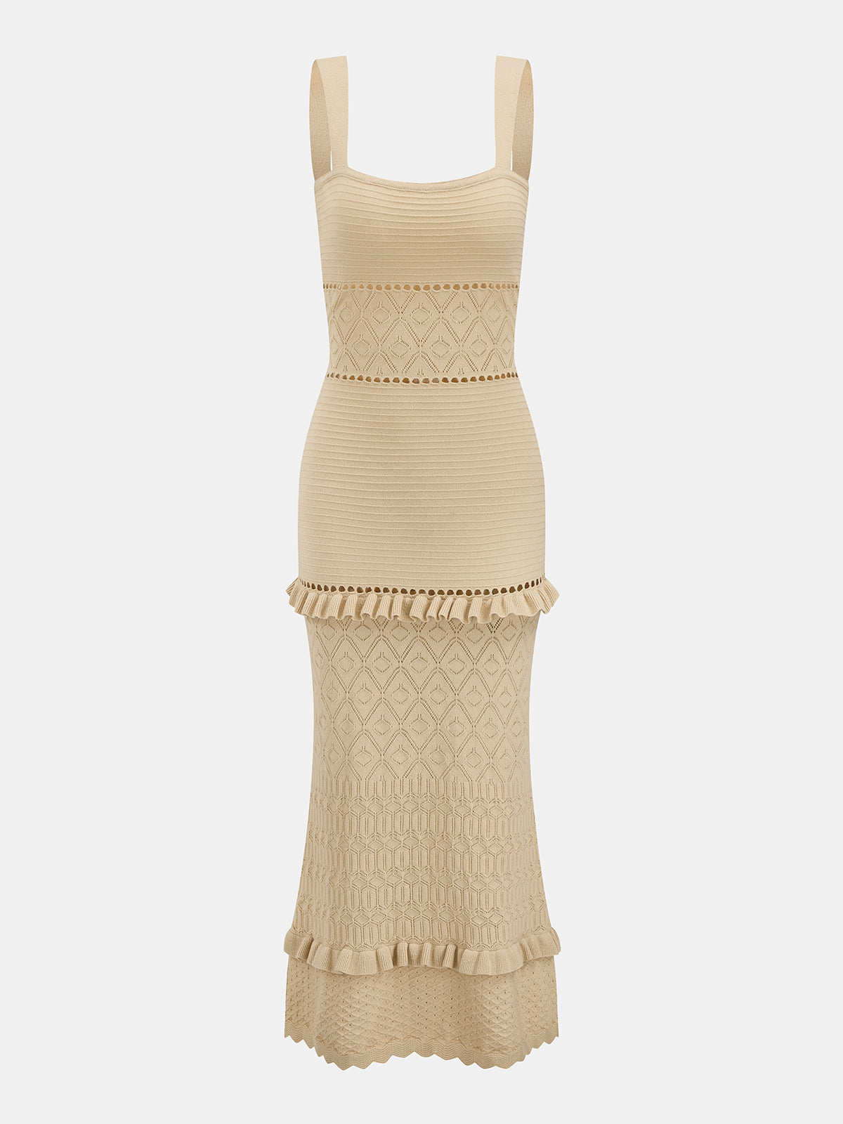 Hollow Knit Ruffle Maxi Slip Dress Lightweight Elegant Beachwear